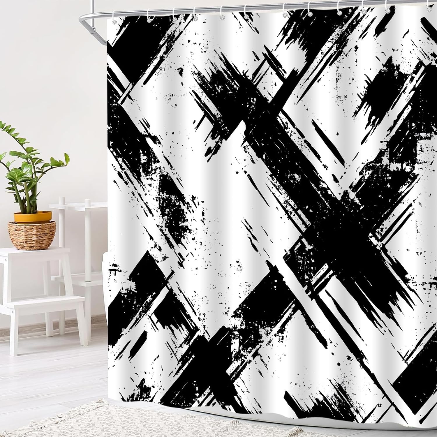 Black White Grunge Stripe Shower Curtain Abstract Ink Art Industrial Modern Polyester Bath Curtain, 70" W x 70" L for Standard Bathtub, Master Bathroom & Restroom Decoration
