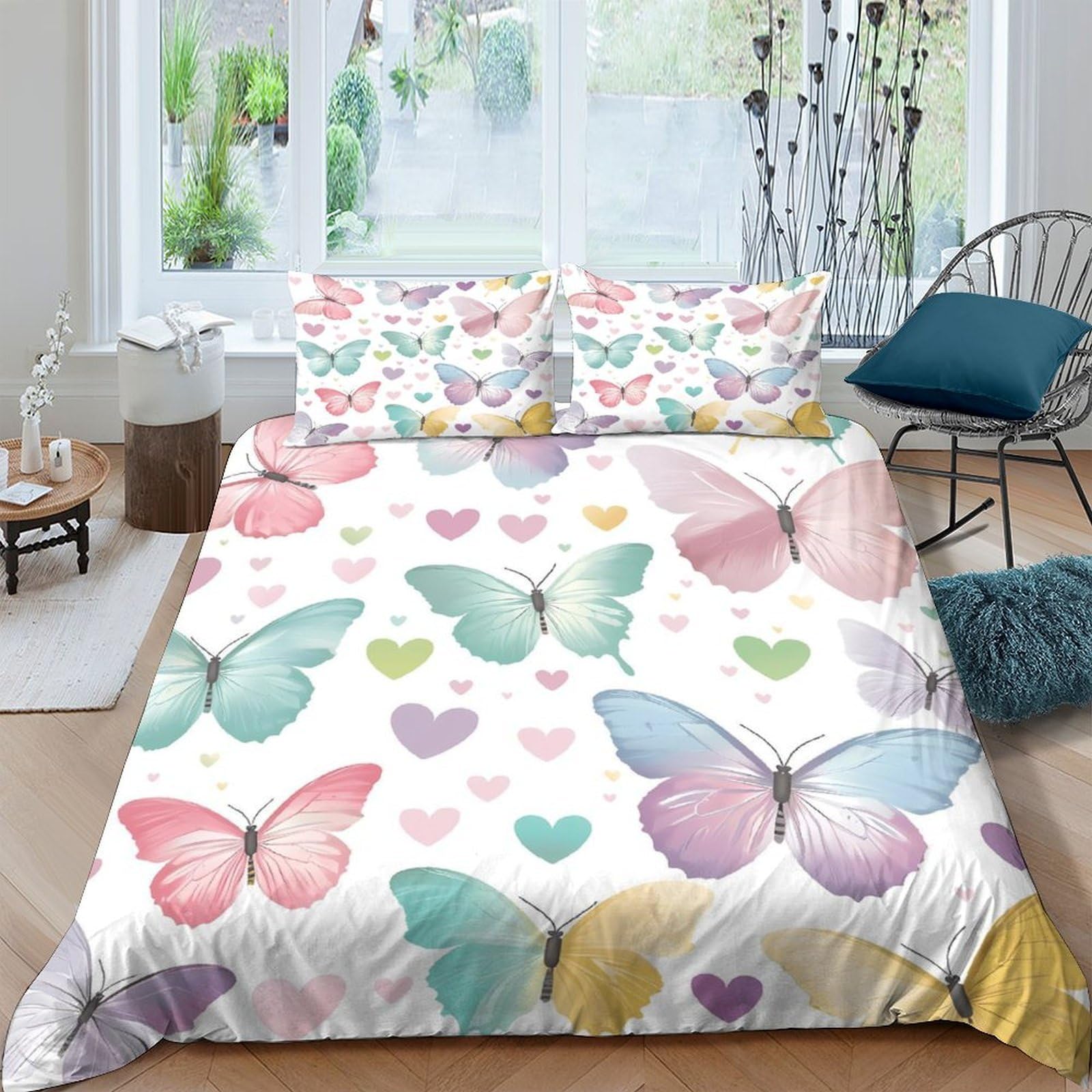 Schmetterling Design 3-teiliges Reines Polyester Pastell bunter Stil Bettbezugset, Versteckter Reißverschluss, Für Kleinkinder, Babysicher & Gifffrei, Pflegeleicht King（220x240cm）