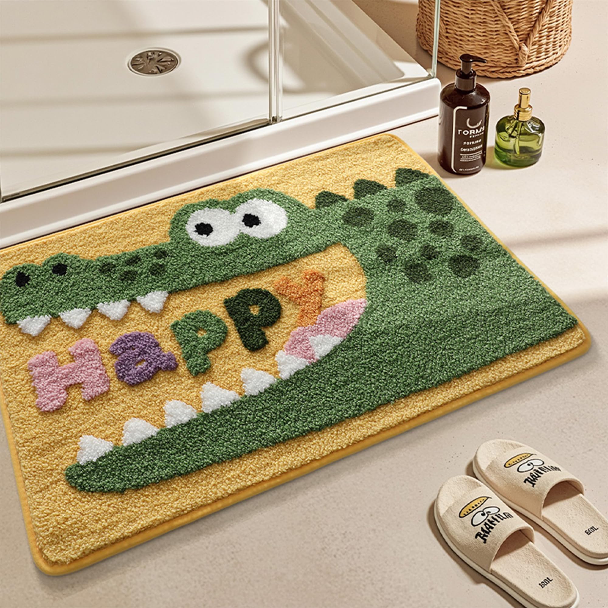 Alfombra de Baño de Animales Antideslizante, Alfombrilla de Baño Absorbente, Alfombra de Baño Lavable a Máquina con Microfibras Suaves de Agua para Estar,Bañera,Ducha y Baño (Cocodrilo, 50x80cm)