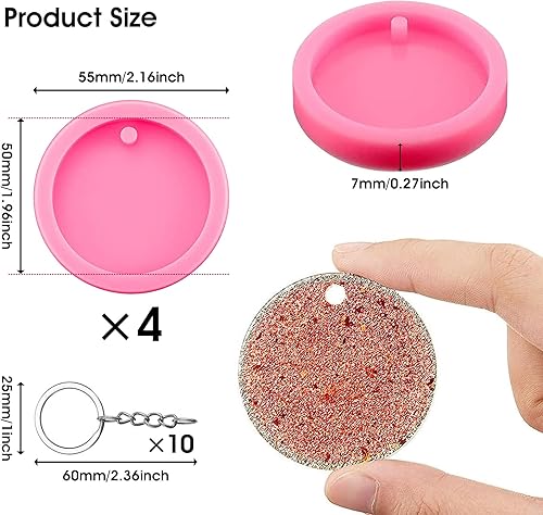 Miniatura 2 de likerf Paquete de 4 moldes de posavasos rosados para fundición de resina con 10 llaveros de resina de silicona, moldes redondos de epoxi para
