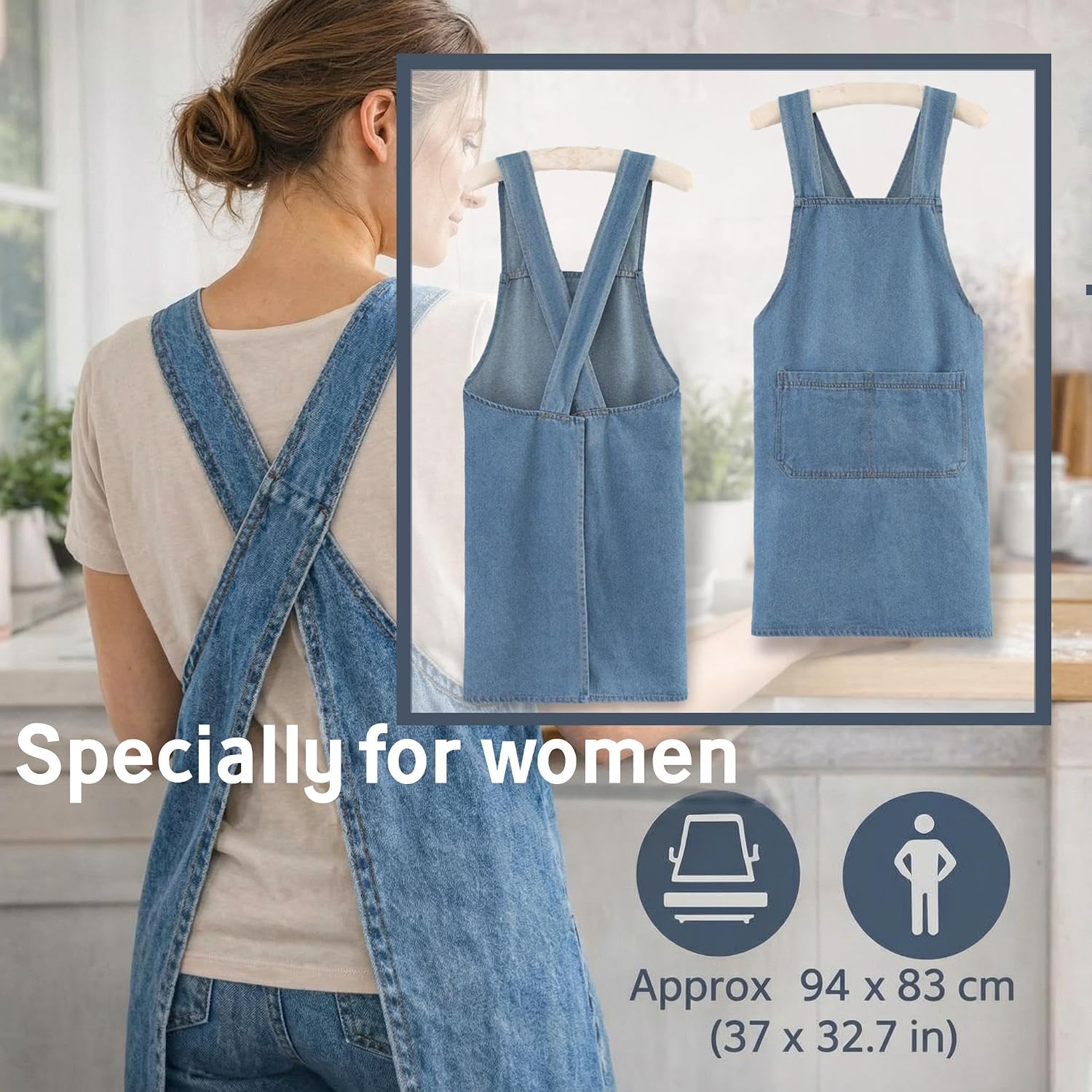 Denim Cross Back Apron for Women, Kitchen Work Apron with Large Pockets for Cooking, Baking, Gardening & Crafting
