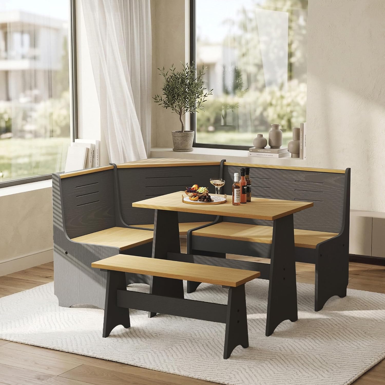 ENOR 3-5 People Breakfast Nook Set, L-Shaped Corner Dining Table with Bench, Hidden Storage Space Saving Convertible for Family Home Black Wood