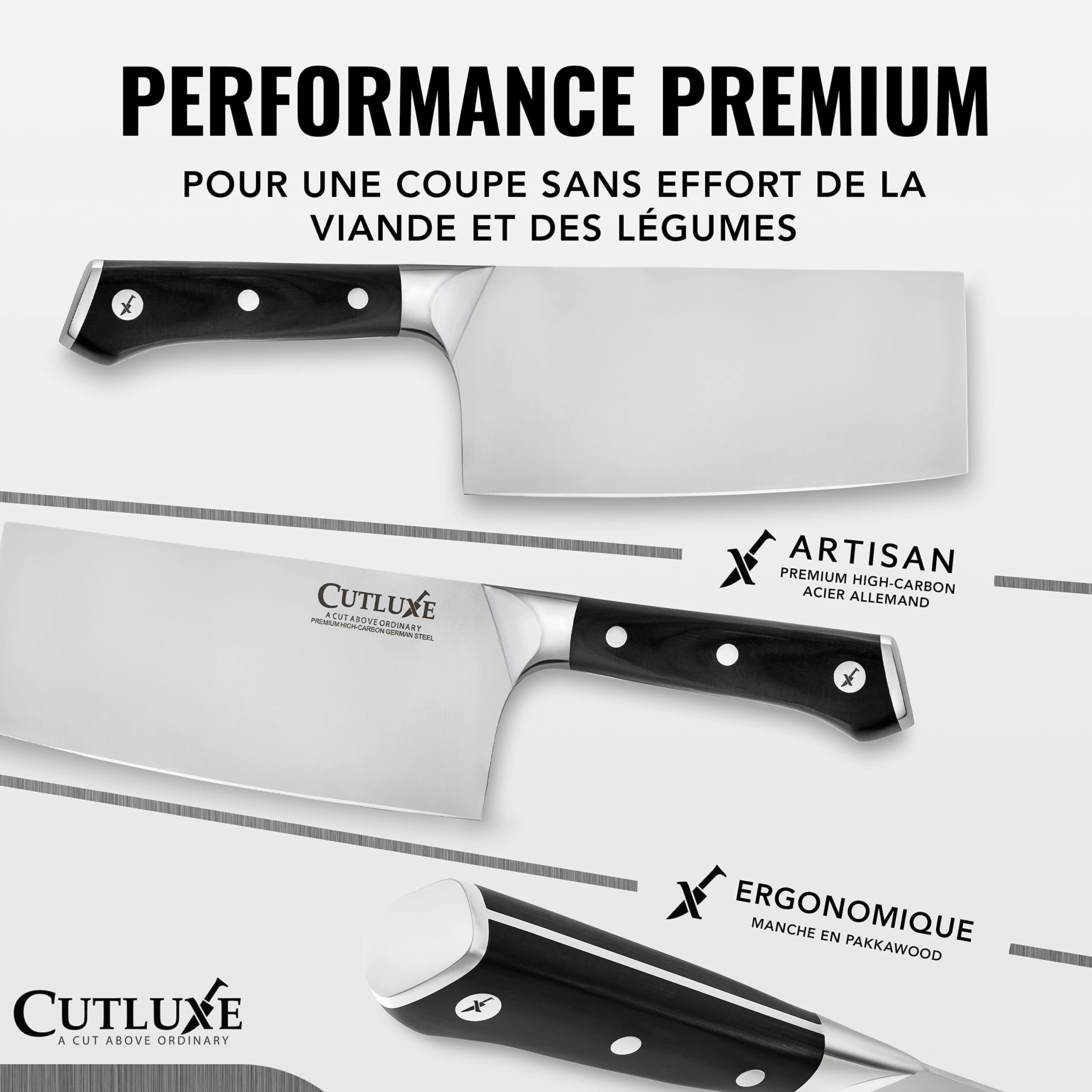Cutluxe Couteau de Boucher 17.7 cm Acier Allemand Carbone Tang Complet Série Artisan