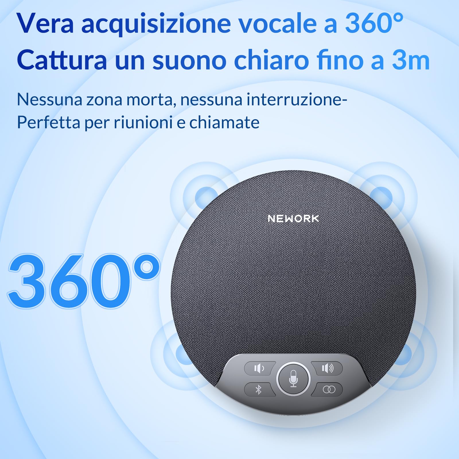 Altoparlante Bluetooth per Conferenze, 4 microfoni AI 360° voce, riduzione rumore, batteria 2600mAh, USB-C/Dongle, Daisy Chain per sale grandi, compatibile con Zoom/Teams/Skype