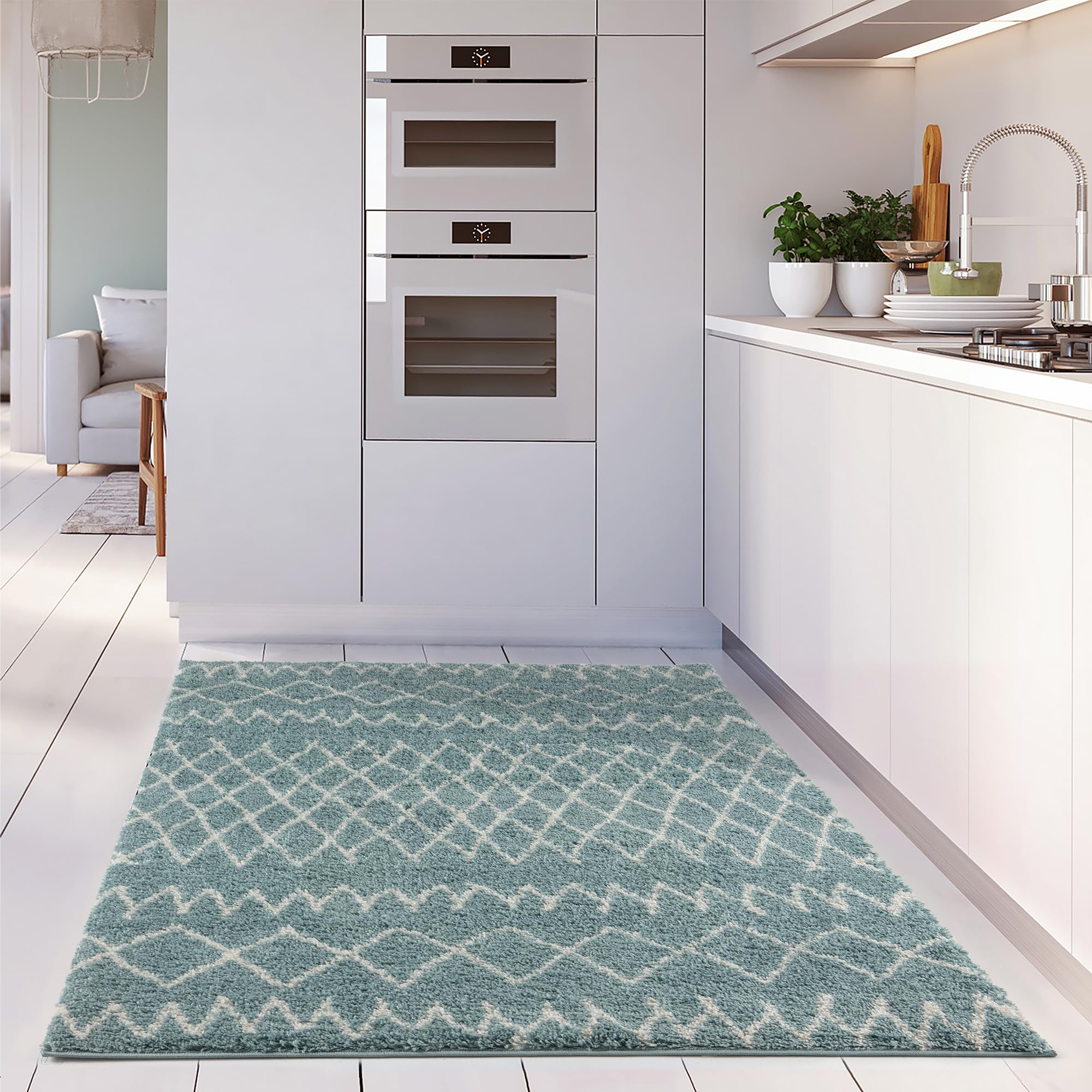 THE RUGS Modern Moroccan Design Living Room and Bedroom Rugs, Non-Shedding & Easy Care (Tangier Duck Egg Blue/Ivory, 80x150 cm) - Image 3
