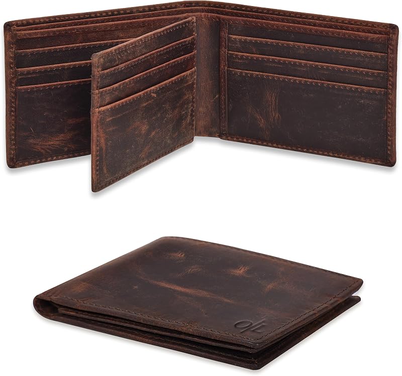 Cartera de cuero para hombre - Regalo de cuero de vaca genuino delgado, delgado y compacto, RFID Bifold