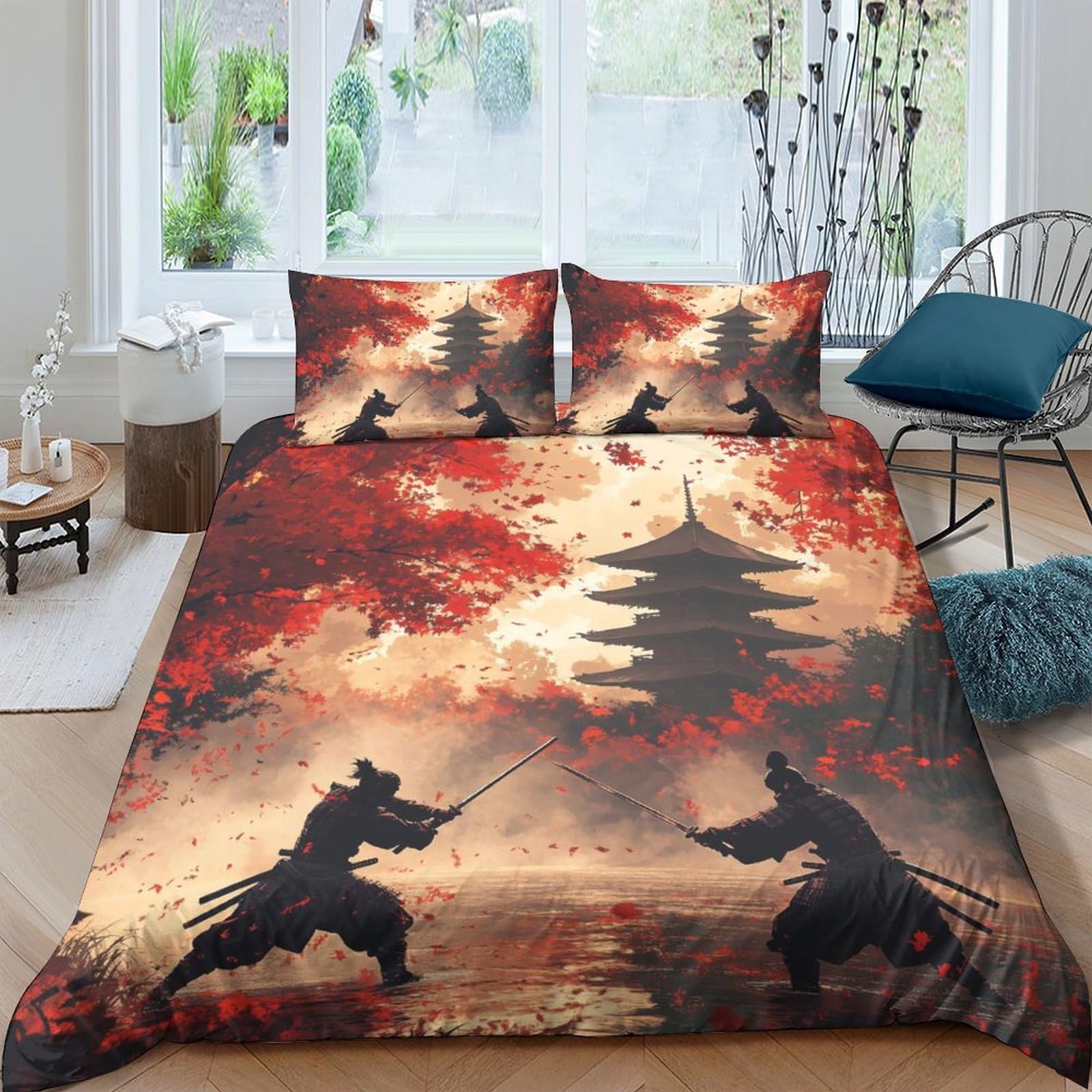Ctjqhvkz Style-4 3D Printed Samurai Pagoda Fitted Sheet Microfiber Autumn Leaves Bed Cover For Bedroom Guest Room Decor Mattress Protection Single（135X200cm）