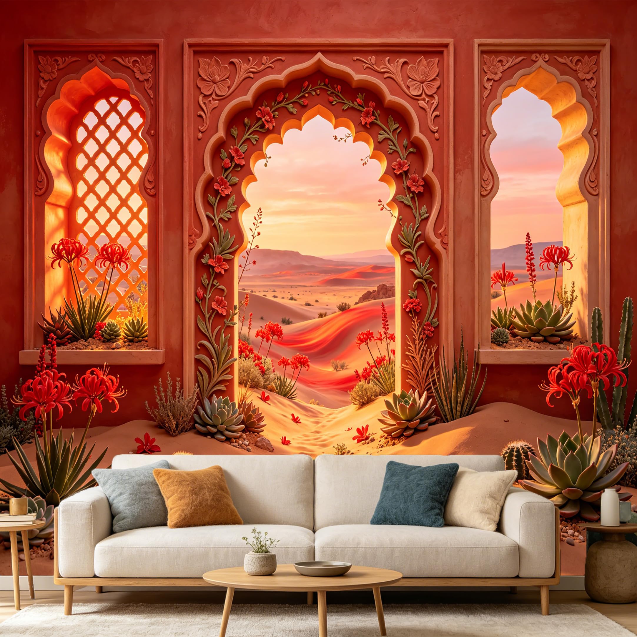 Custom Size Wall Mural， Moroccan Desert Archway Sunset Landscape Botanical Succulent Cactus， SelfAdhesive Art Prints wall Fabric Removable Large Wallpaper Home Living Room Decor