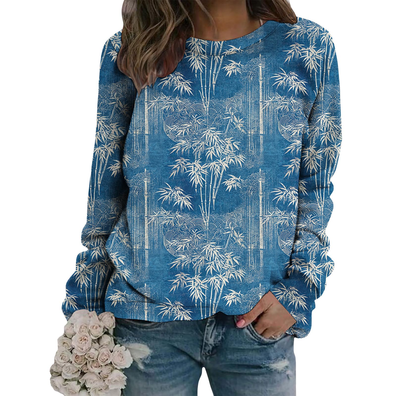 Womens Tropical Palm Tree Print Sweatshirt Long Sleeve Crew Neck Pullover Casual Loose Fit Polka Dot Vacation Top