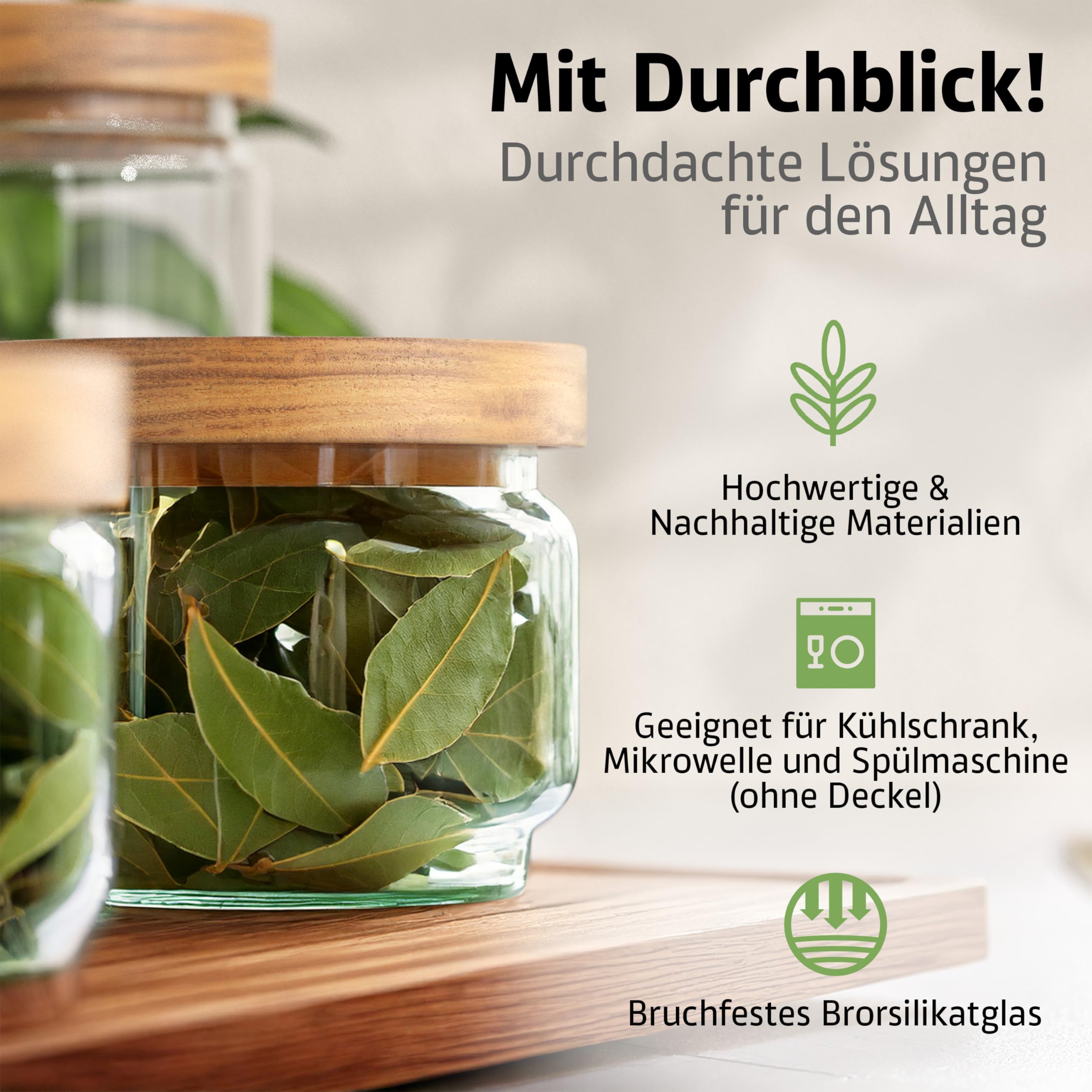 ElbFuchs® Vorratsgläser ECO Kombi-Set M 14-teilig [BPA-FREI & MOTTENSICHER] Vorratsdosen luftdicht mit Holzdeckel | Aufbewahrungsgläser für Kaffee, Zucker, Salz, Mehl, Tee & Müsli