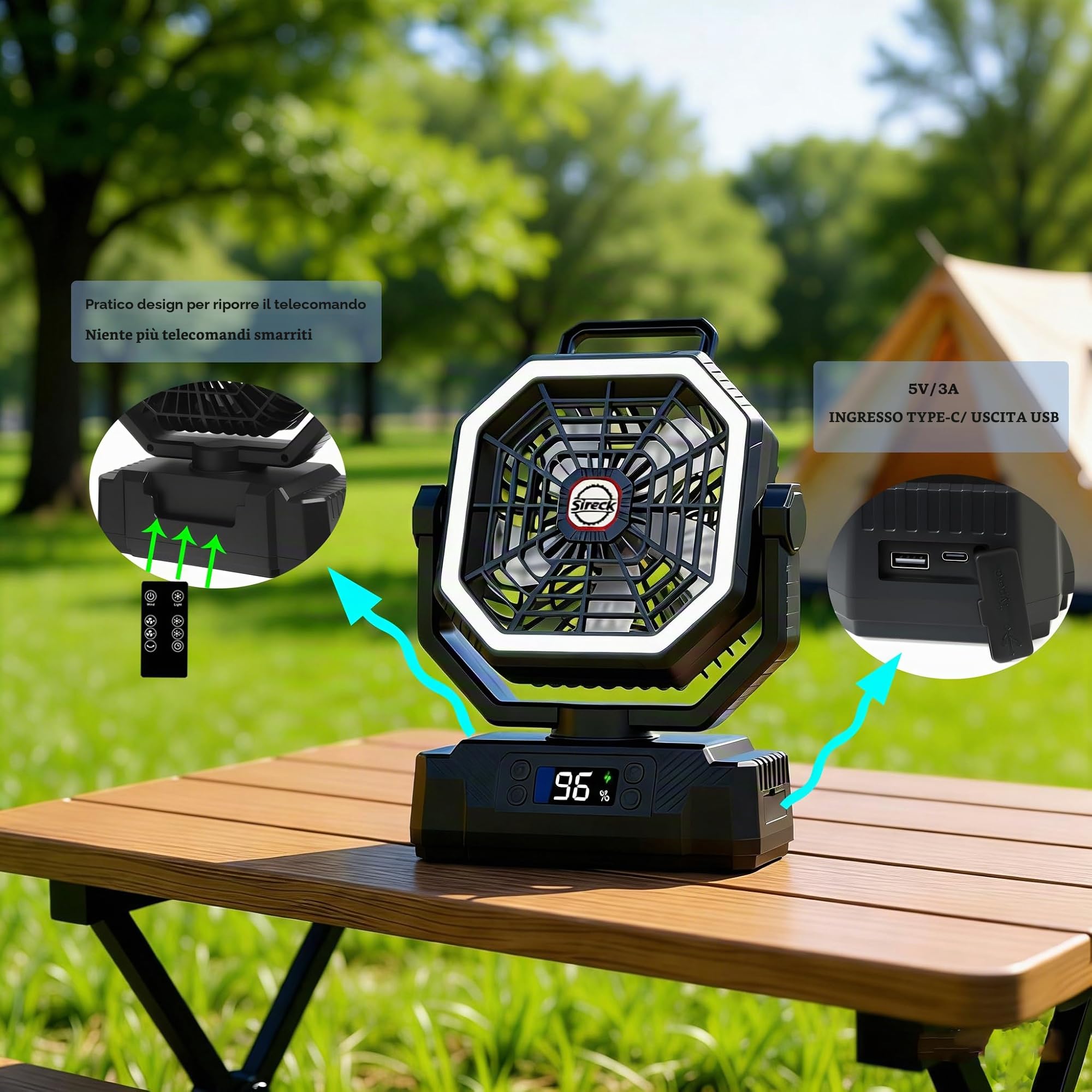 Sireck Ventilatore da campeggio da 40000 mAh, ventilatore personale portatile alimentato a batteria da 25,4 cm, con telecomando, lanterna LED, 5 velocità, timer, display digitale, ventilatore da
