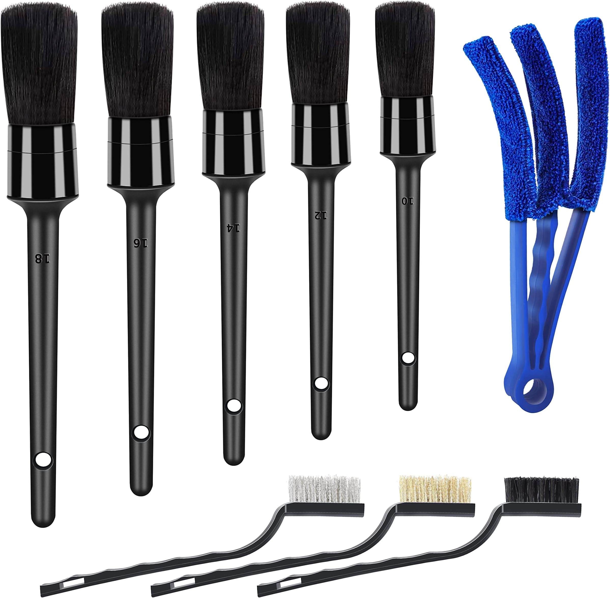HMPLL 9pcs Auto Car Detailing Brush Set/ Interior Cleaning Kit Includes 5 Soft Premium Detail Brush, 3 Wire Brush & 1 Vent Cleaning Brush for Cleaning Interior, Dashboard, Engines, Leather, Wheel