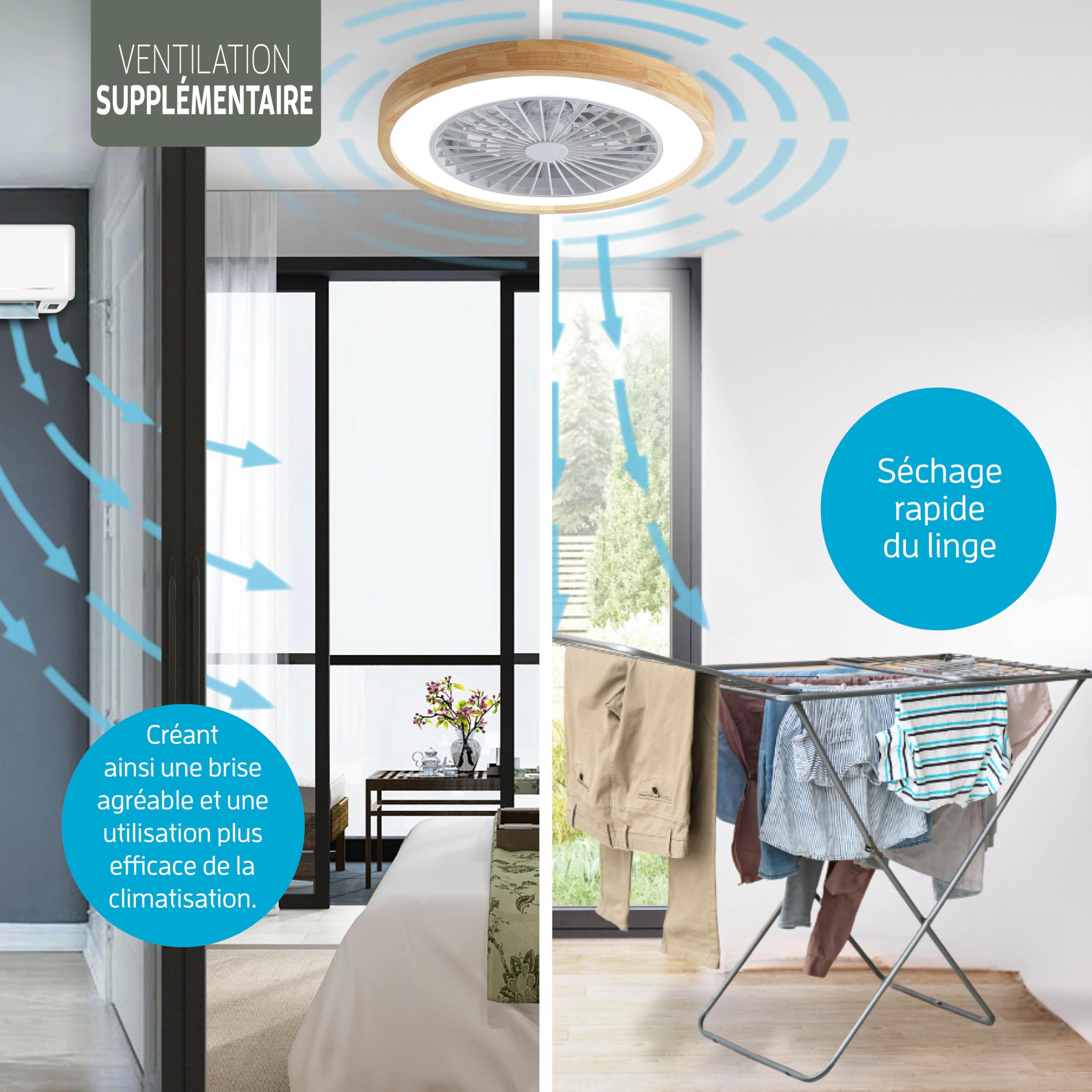 Varin Ventilateur Plafond avec Lumiere Intelligent, Plafonnier Silencieux Chambre, Tuya Wi-Fi LED 30W RGBW Ø 50 cm Télécommande 3000K-6000K Bois Clair