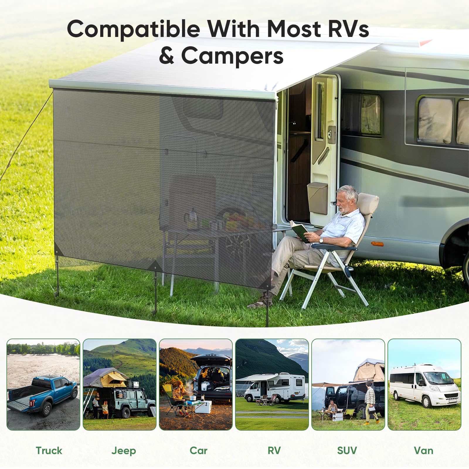 Sonnenschutz Wohnmobil Vorderwand 3,3 x 2 m Universeller RV View Blocker Sonnenschutz Markisen, Sunblocker Vorderwand Markise für Camping & Wohnmobil, für Ø 4–10 mm Kederleisten