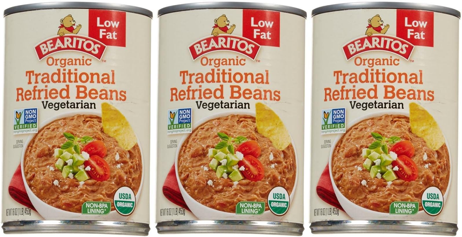 BEARITOS Organic Refried Beans Traditional-16 Oz-3 Pack