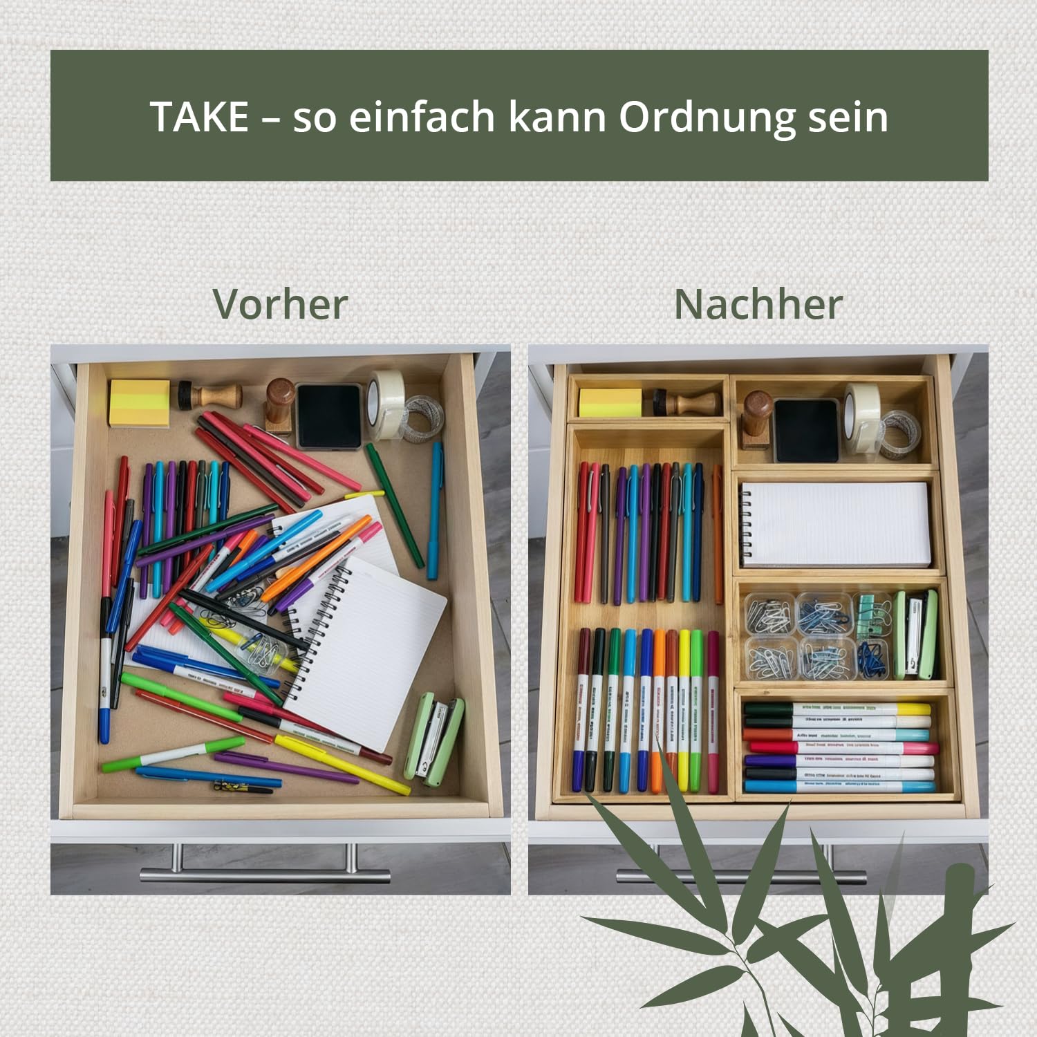 TAKE® 8-teiliges Schubladen Organizer aus 100% Natur Bambus - Boxen in vers. Größen für Küche, Bad & Büro, Schminktisch Organizer Bad, Drawer Organizer