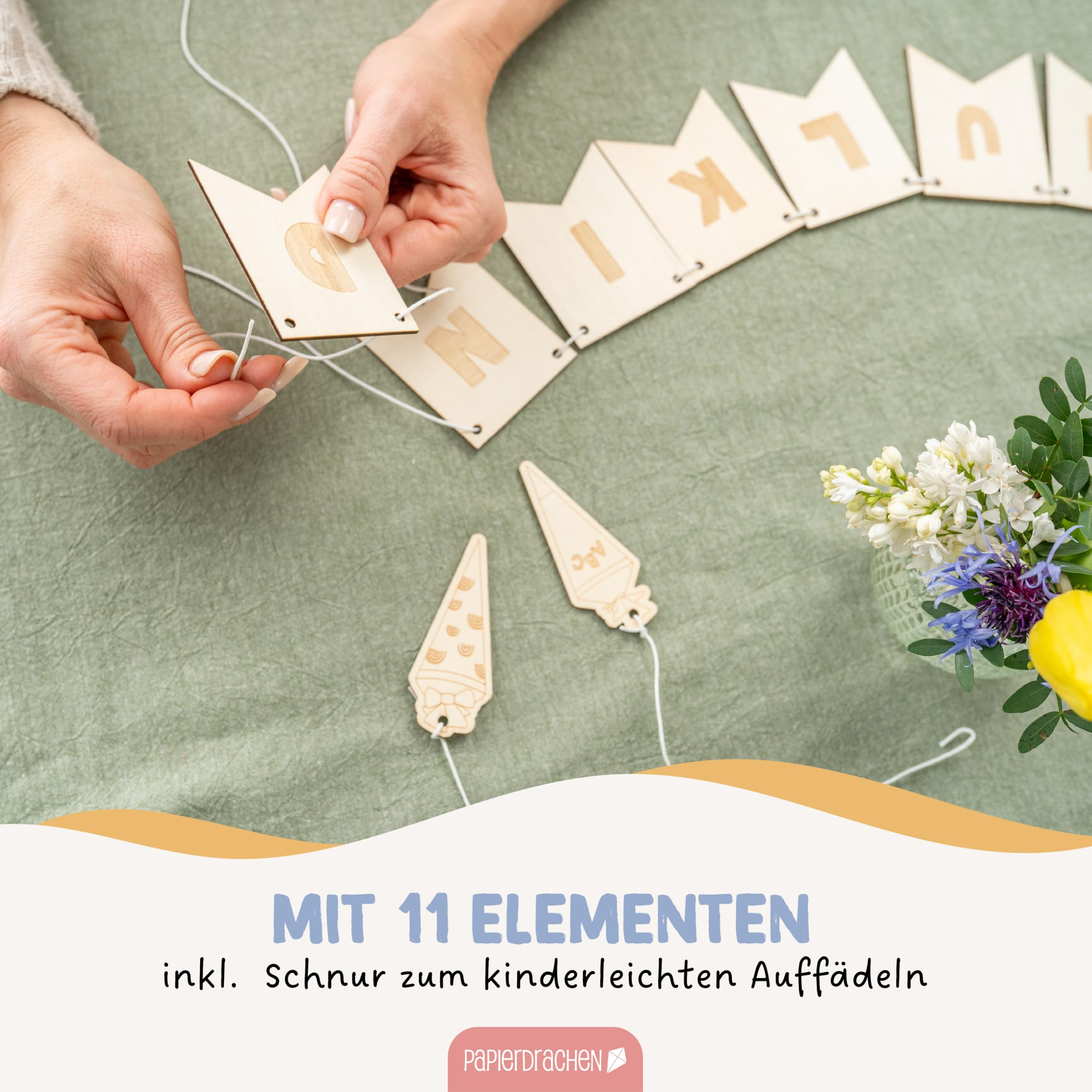 Papierdrachen 10 m Garland for the First Day of School, with Wooden Bunting, Decoration for Crafts for Boys Girls & Adults - Image 4
