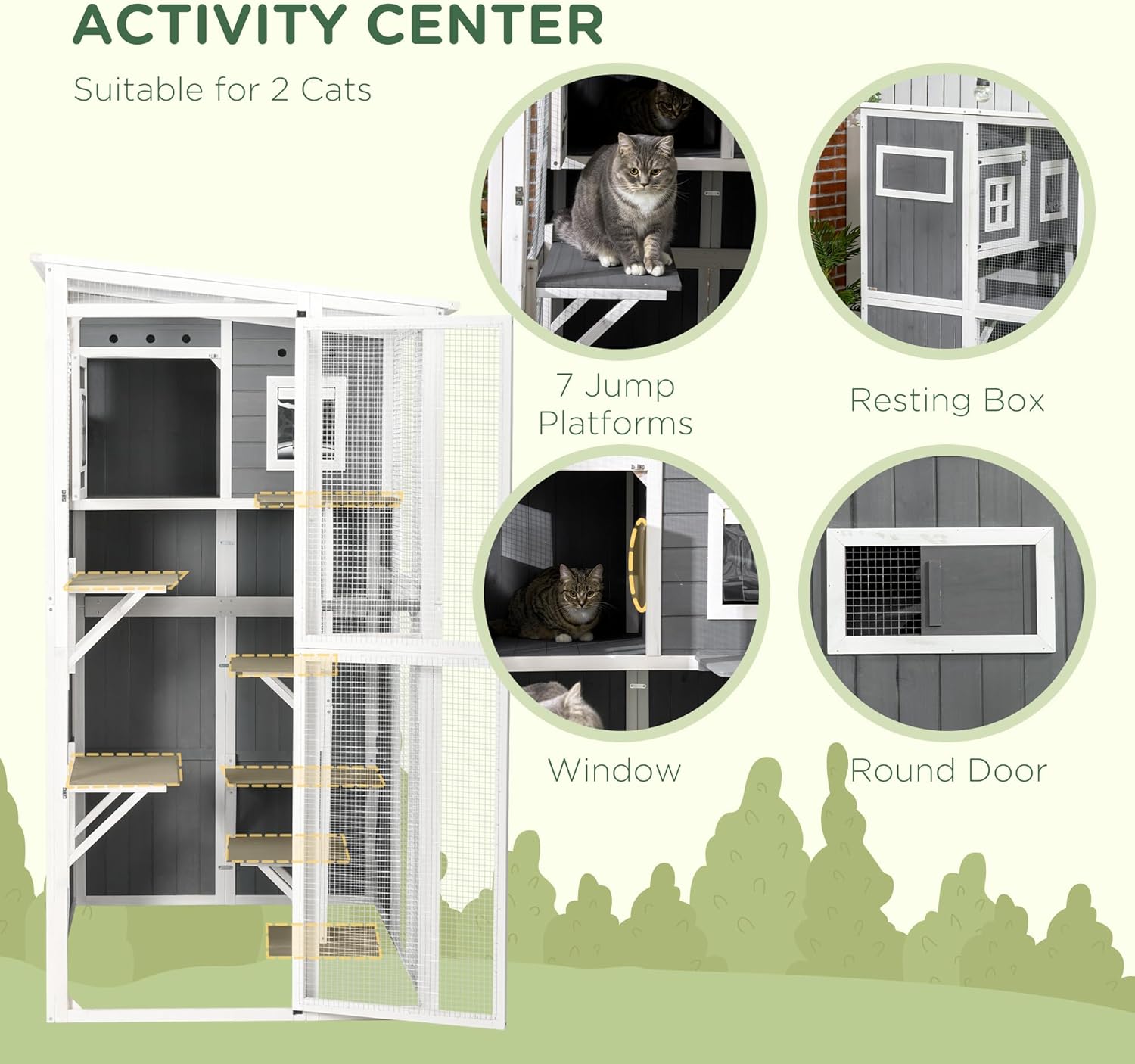 review PawHut Catio Outdoor Cat Enclosure Large Cat House Outdoor Wooden Walk-in Kitten Feral Cat Shelter, for Multiple Cats with 7 Perches, Door, Cat Condo and Weather Protection Roof, 66.5