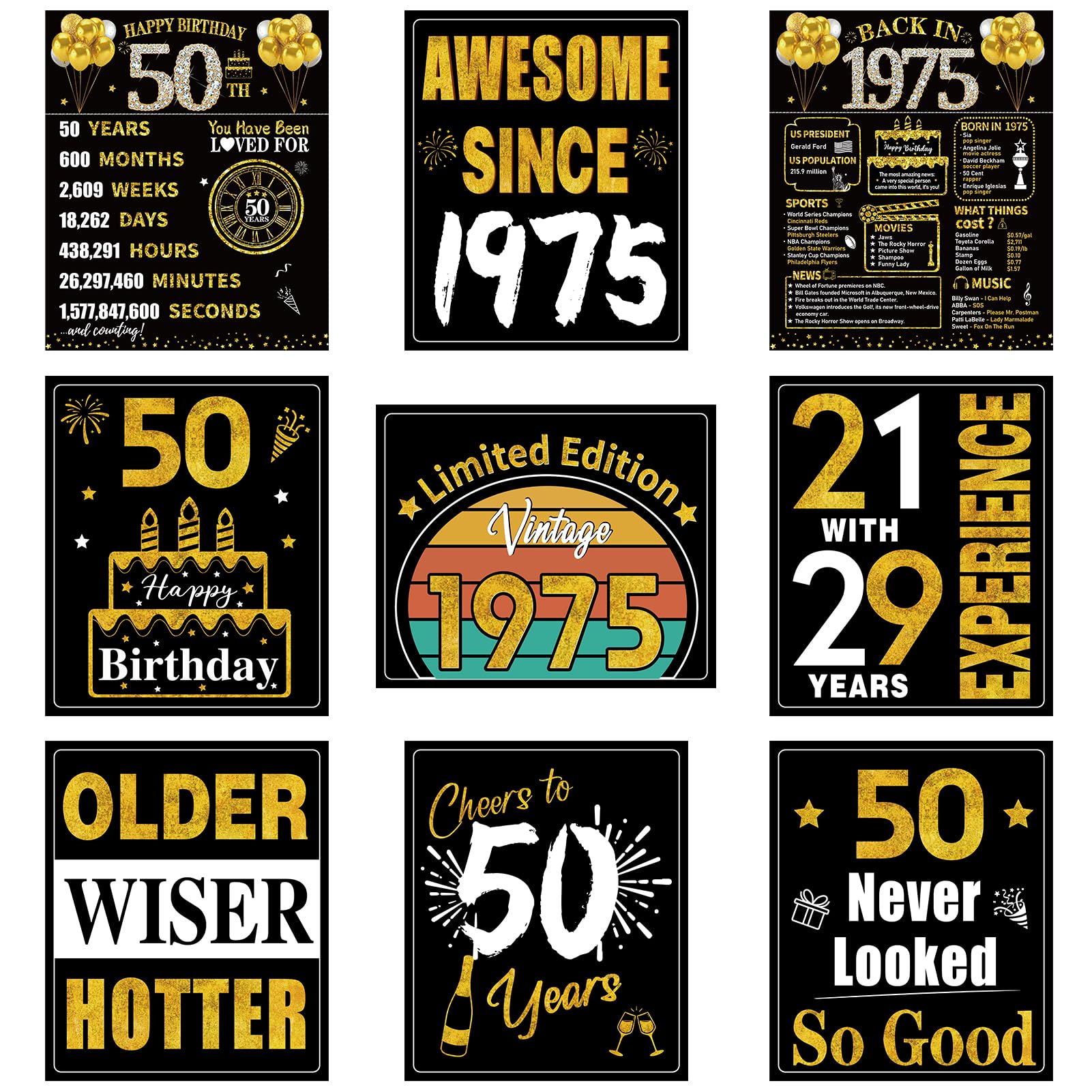 Turypaty 50th Birthday Decorations for Men Women, 9pcs Black Gold Happy 1975 50 Birthday Banner Signs for Walls Doors Windows Yard Garden Party Supplies, Fifty Birthday Table Toppers Photo Props Decor