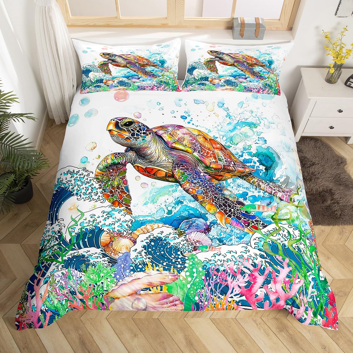 jejeloiu Sea Turtle Duvet Cover Toddler Ocean Wave Bedding Set Kids Boys Girls Reptile Tortoise Animal Comforter Cover Set Summer Ocean Sea Marine Creature Sealife Bedspread Cover?No Comforter