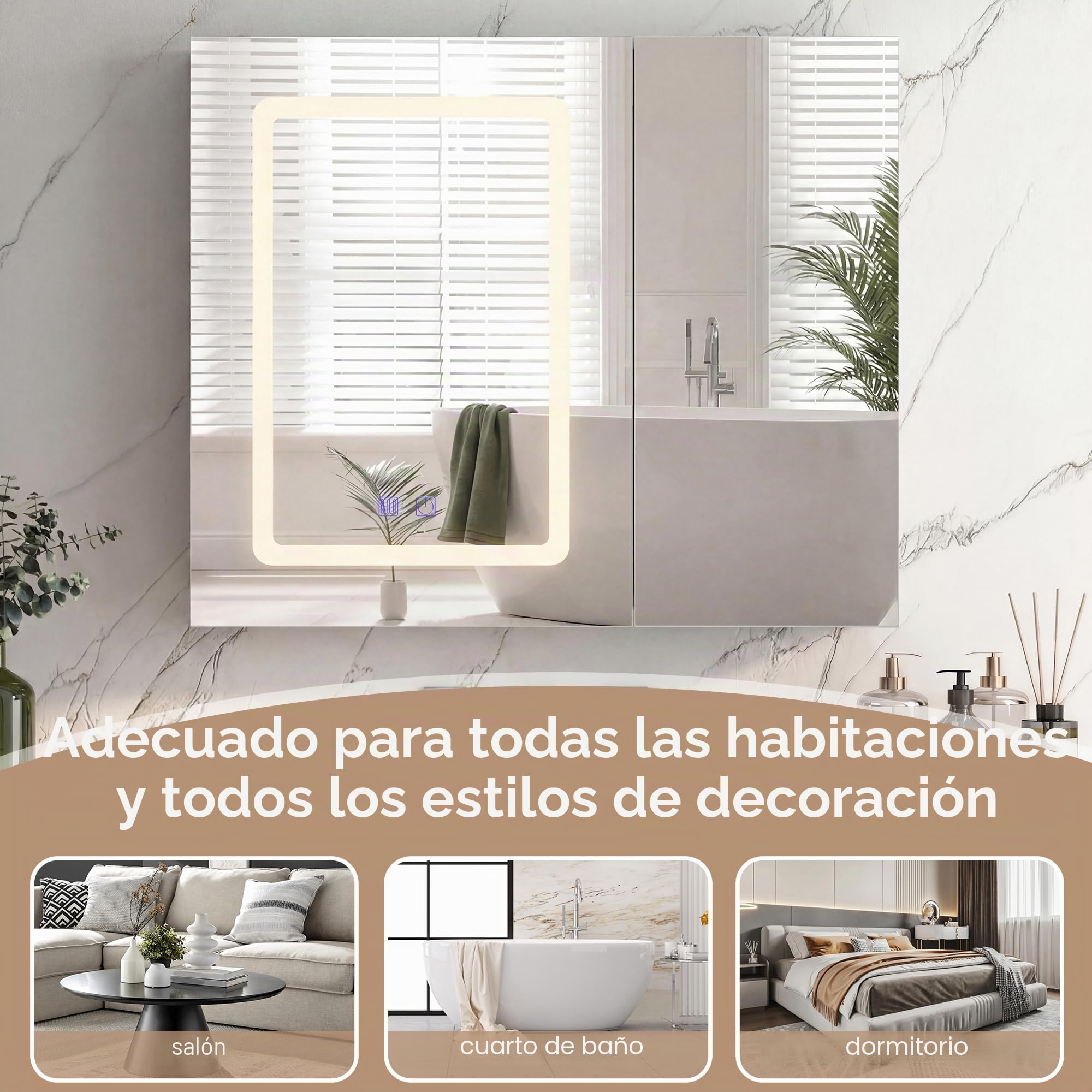 Armario de baño con espejo y luz LED, espejo de baño con almacenamiento, función antiniebla, 3 temperaturas, con estante ajustable, estilo moderno (70 x 13,5 x 60)