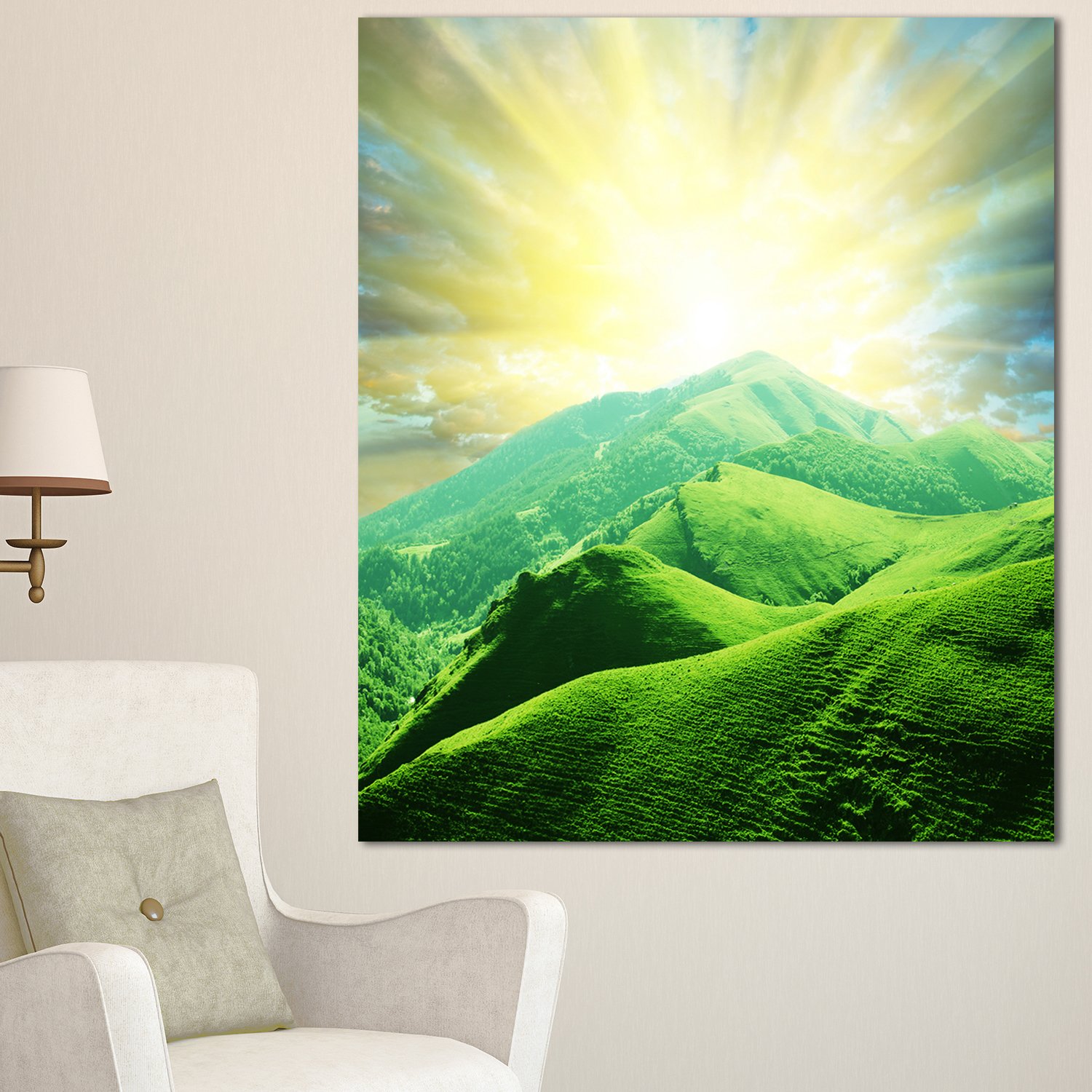 Design Art Green Mountains under Sun Landscape Glossy Metal Wall Art 12x28