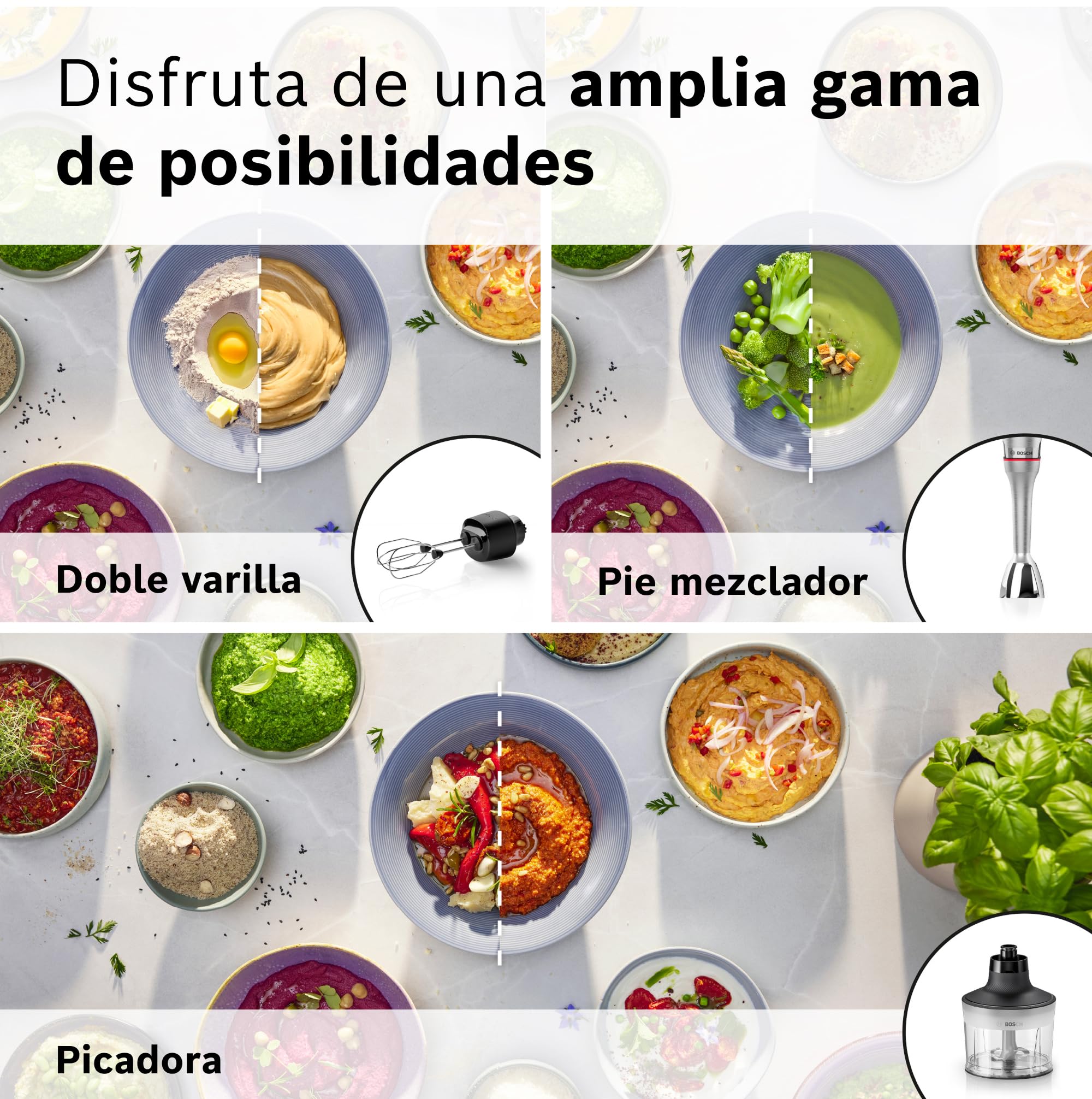 Bosch - Batidora de mano, serie ErgoMaster 8, motor de 1500 vatios, ajuste intuitivo de la velocidad, cuchilla de 6 hojas, accesorios incluidos, acero inoxidable, MSM8M934