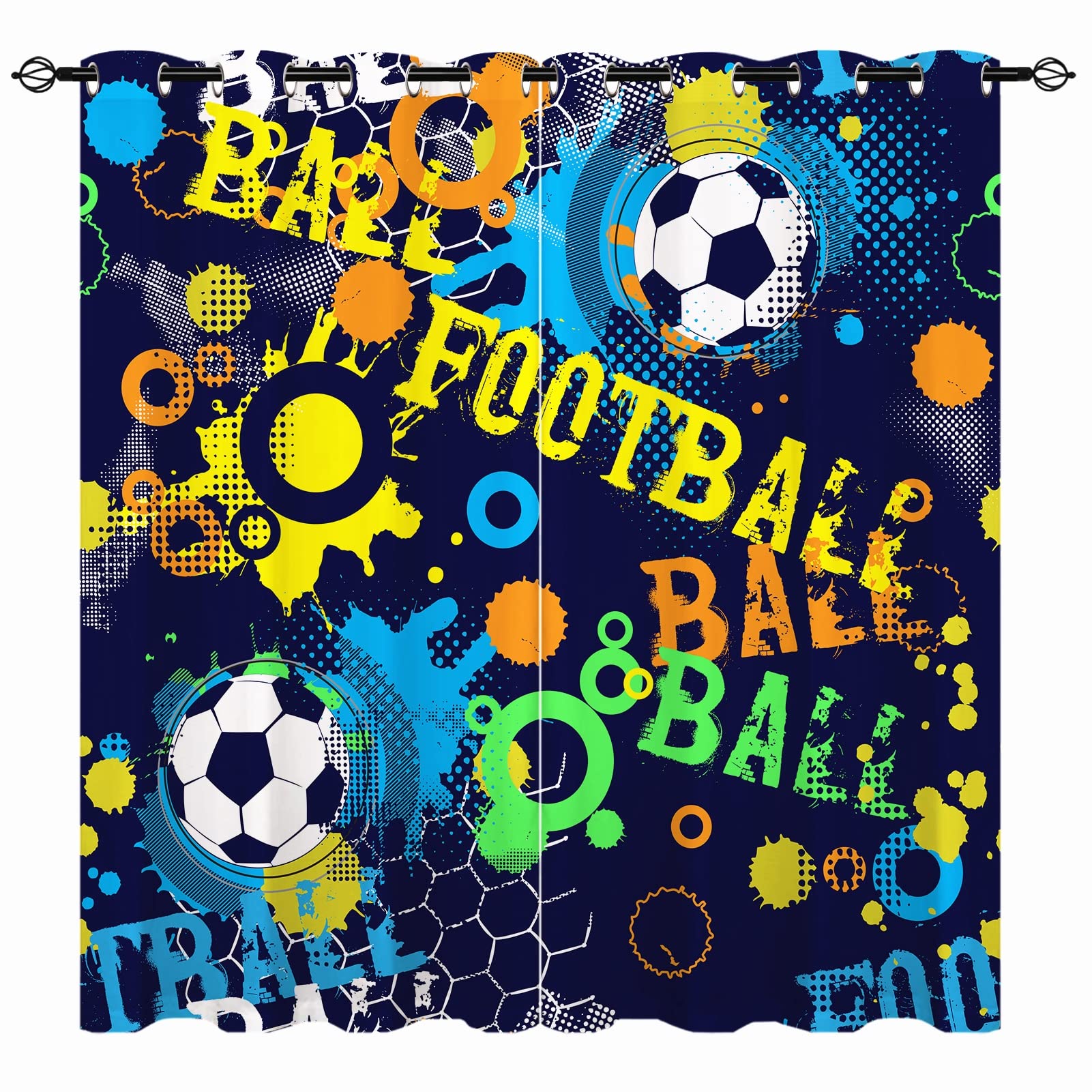 YUANZU Boys Curtains - Kids Abstract Colorful Sport Football Print Pattern Eyelet Blackout Thermal Insulated & Room Darkening Window Drapes for Nursery Baby Bedroom Playroom 2 Panels W140cm x D183cm โ image 1