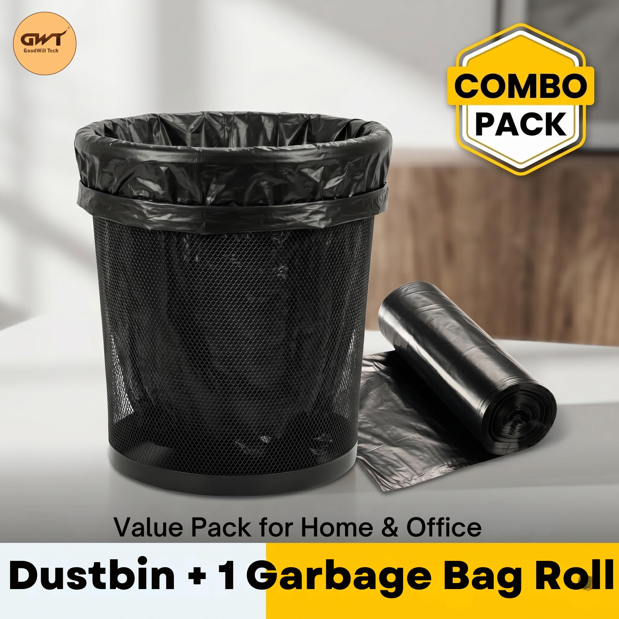 GoodWill Tech Metal Mesh Waste Dustbin with Garbage Bags Combo | 9.4L Small Black Dustbin for Home, Kitchen & Office | Durable Mesh Bin + Trash Bag Roll (Combo - 1 Dustbin + 1 Garbage bag Roll)