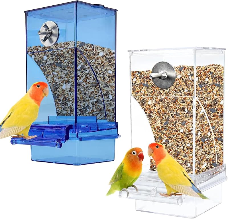 Comedouro automático para aves pequenas em acrílico kathson com bandeja coletora e poleiro