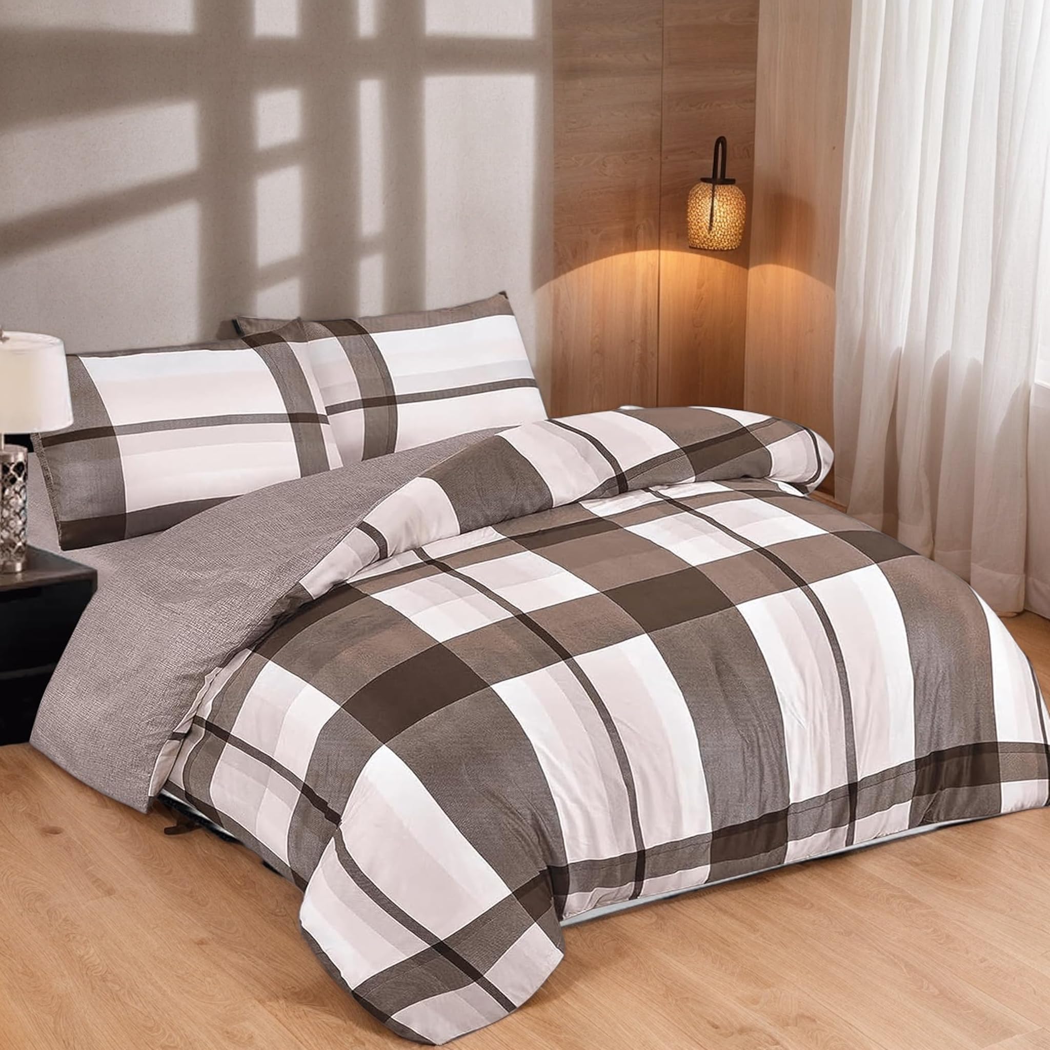 Juego de Funda Nórdica para Cama 150 de Microfibra Ultra Suave, Cálido y Transpirable - Funda para Edredón 220x240cm, Bajera 150x200+30cm y 2 Fundas Almohada 50x75cm (Raya Marrón)