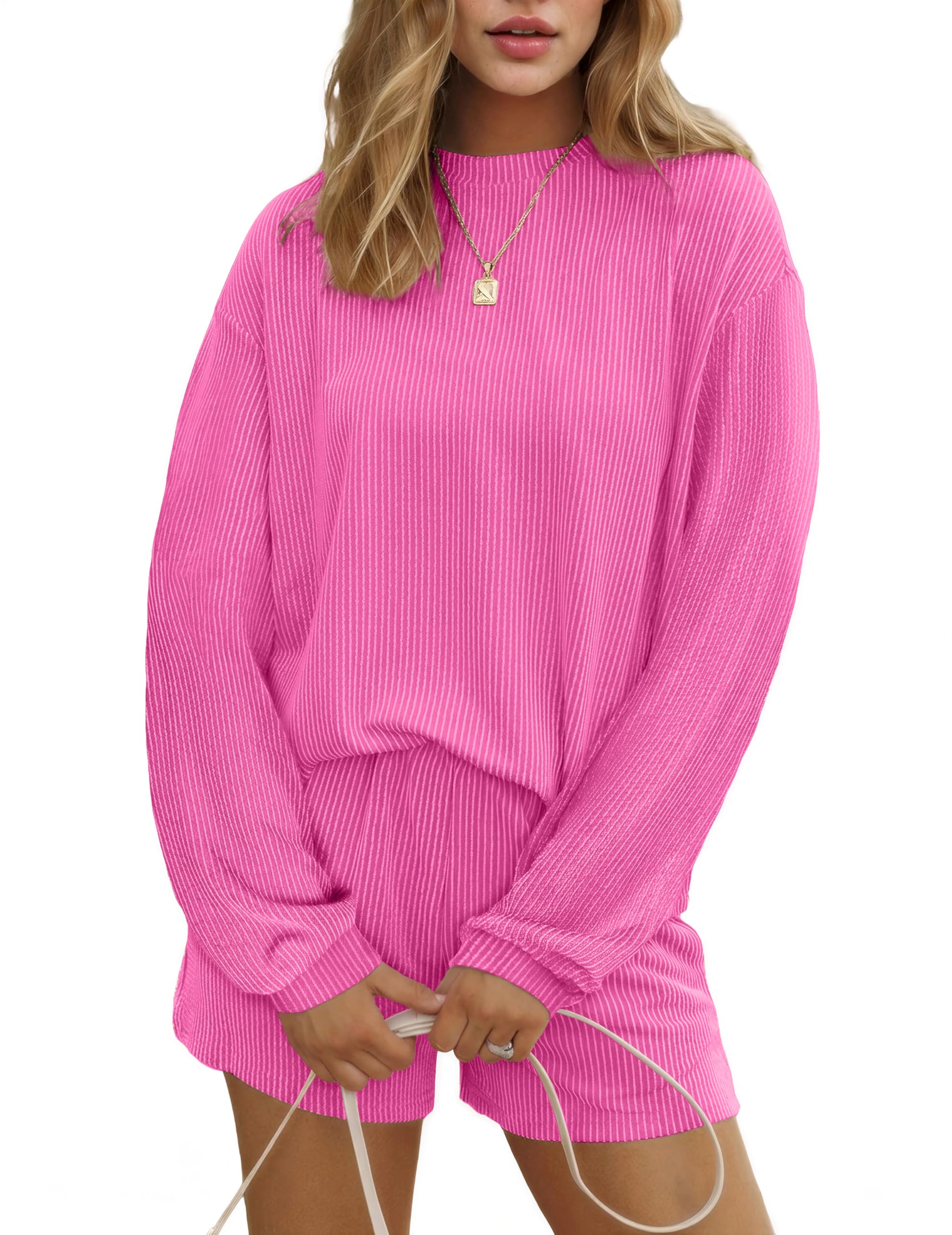 Ekouaer 2 Pieces Lounge Set for Women Long Sleeve Pajamas Top and Shorts Matching Sets Outfits with Pockets