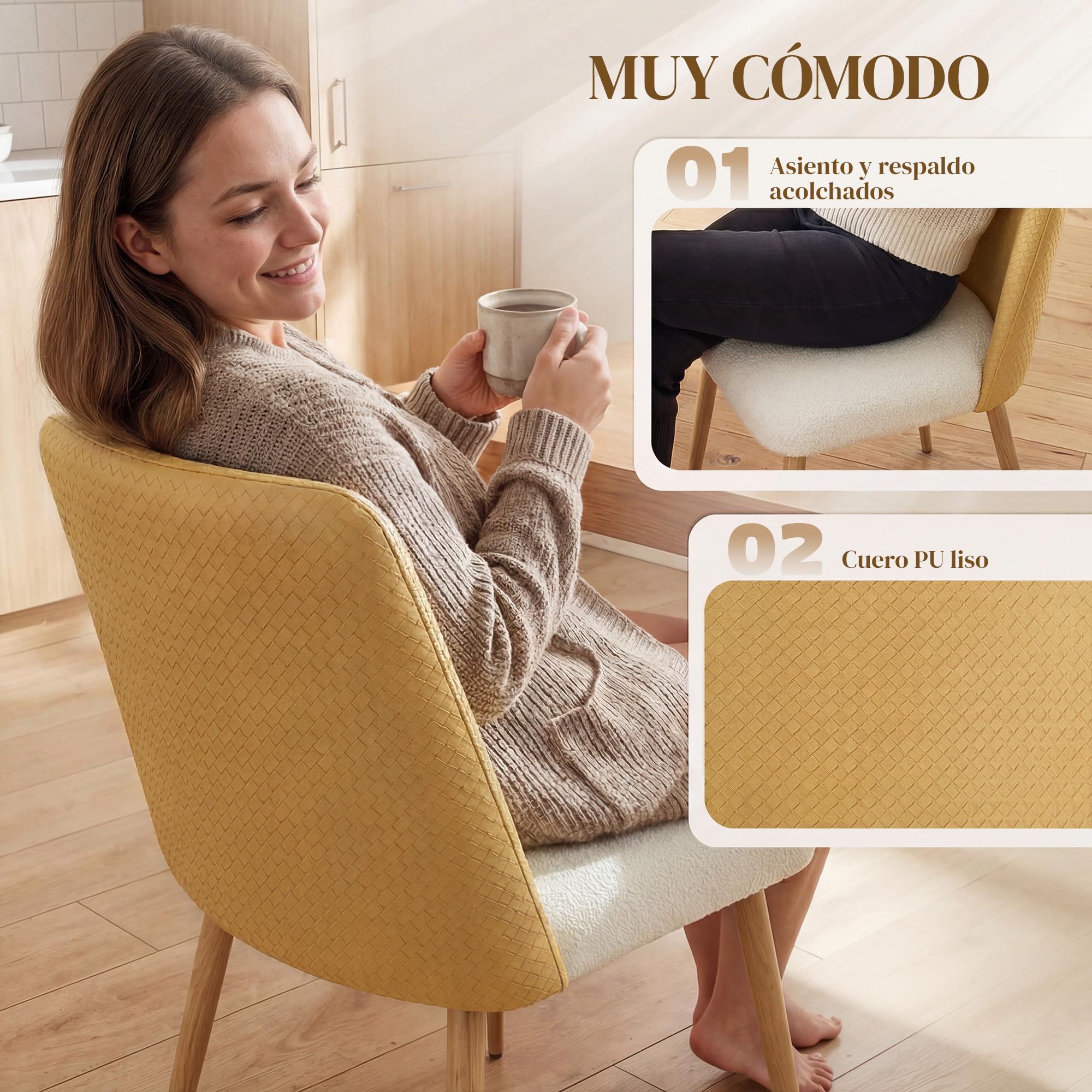 HOMCOM Juego de 2 Sillas de Comedor, Sillas de Cocina con Respaldo de PU de Imitación Ratán, Asiento Acolchado, Patas de Acero, para Salón, Marrón y Beige