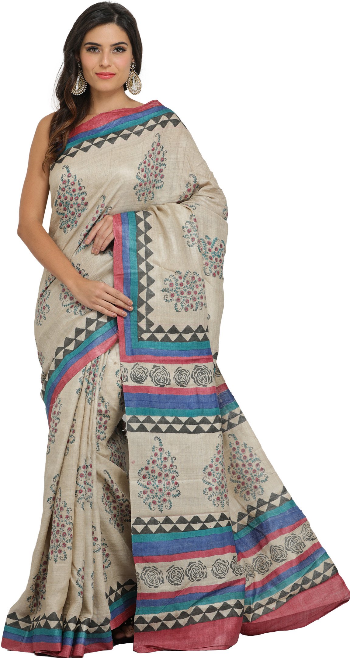 Exotic India Wood-Ash Kosa Sari from Jharkhand with Printed Roses and Bo - Beige