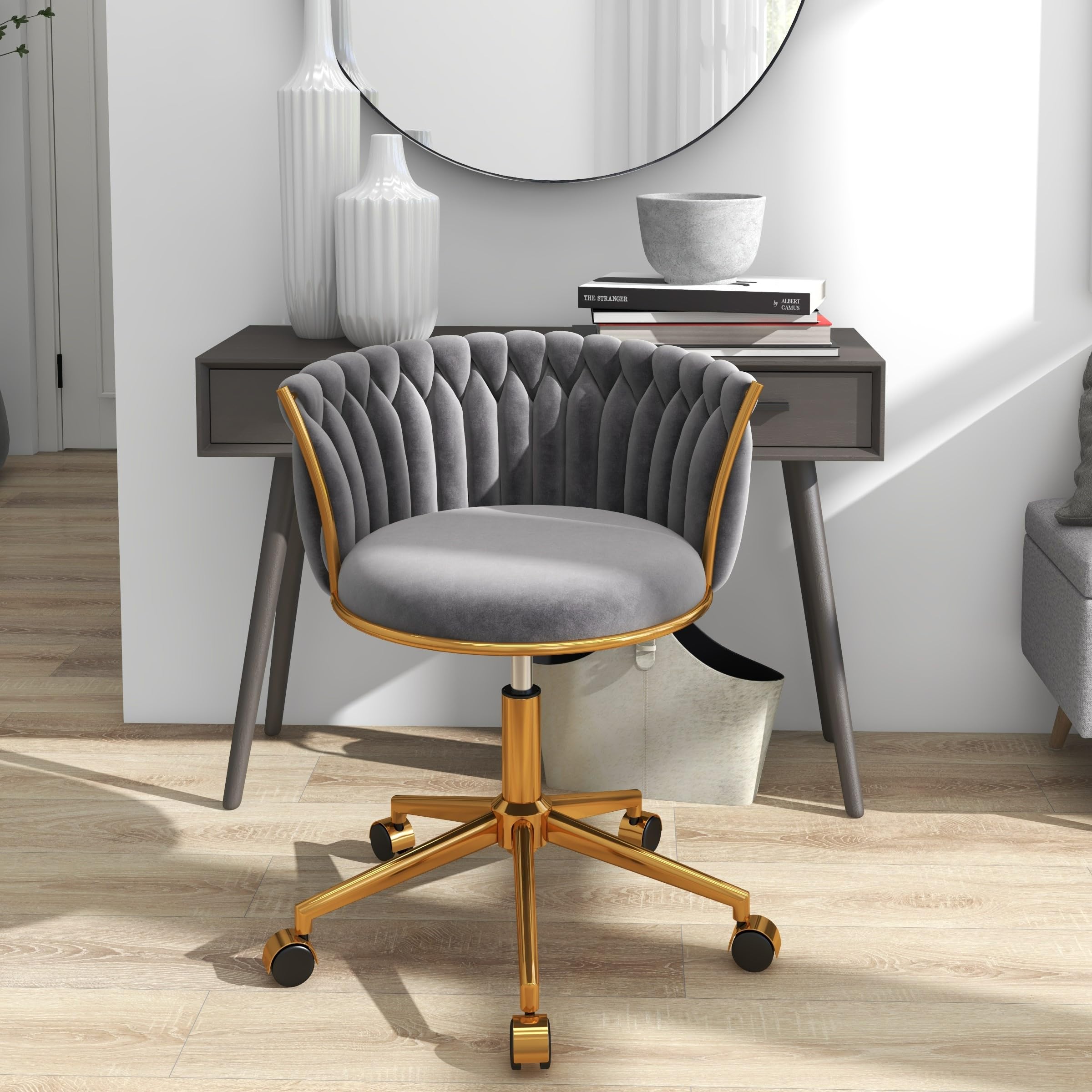 GOOLON Velvet Desk Chair, Modern Office Chair with Wheels, Home Swivel Vanity Armchair with Woven Back Comfy Height Adjustable Seat Sturdy Golden