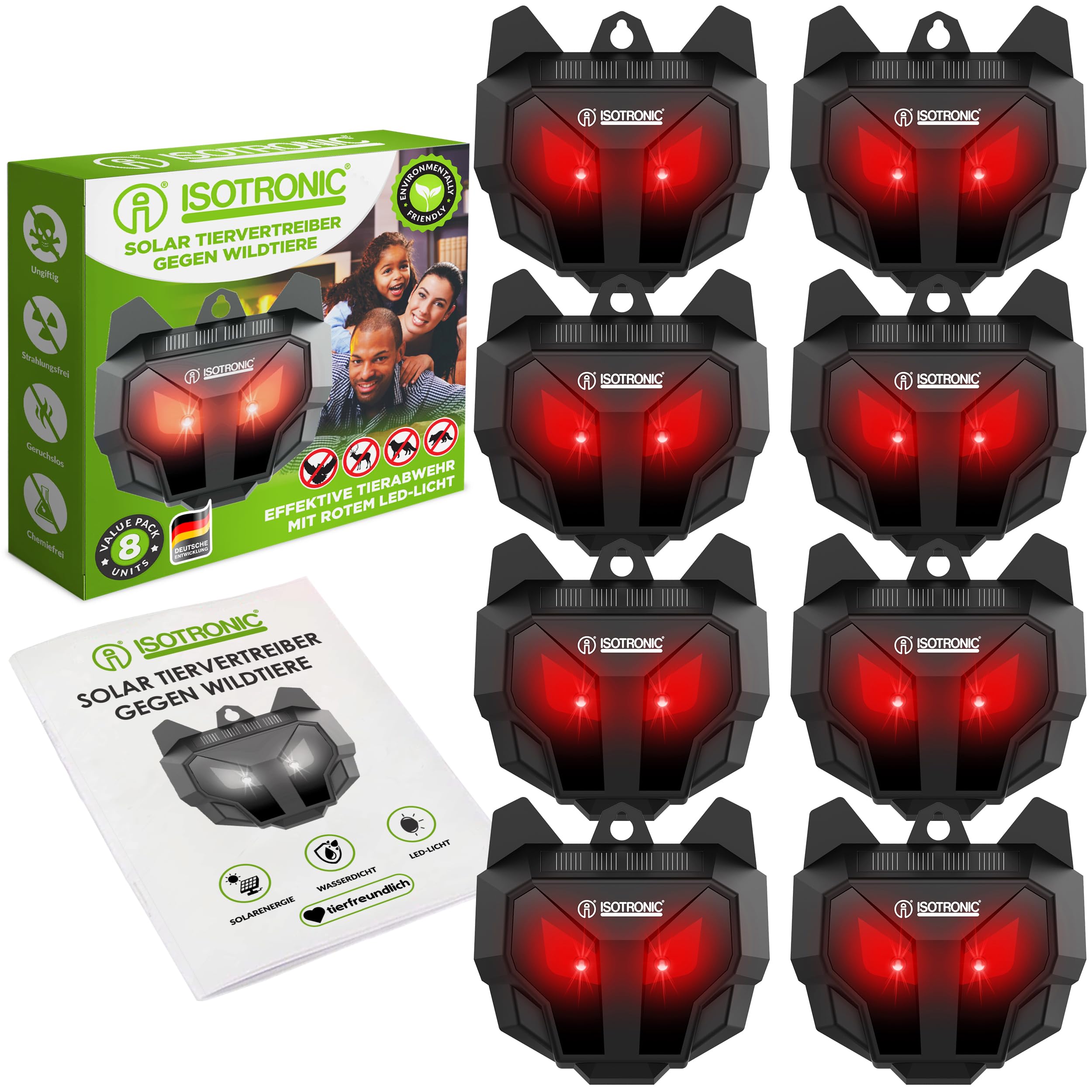 ISOTRONIC Solar Tiervertreiber zur Abwehr von Waschbären, Rehen, Füchsen & Wildschweinen – Wildtier Vertreiber mit rotem LED-Licht – effektive Tierabwehr mit 40m² Wirkungsbereich (8 Stück)