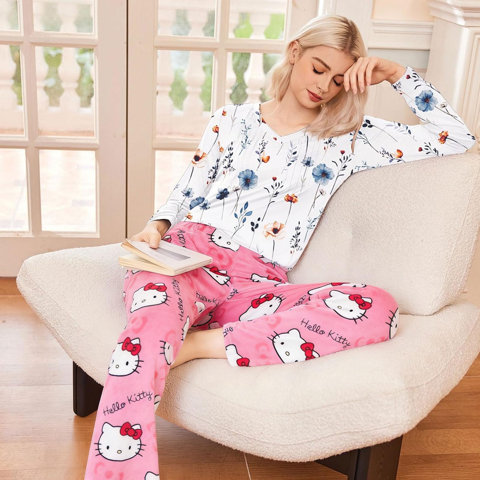 Pantalón de Pijama Anime para Mujer, Pijama de Franela Rosa con Diseño Cartoon Kawaii, Tallas EU
