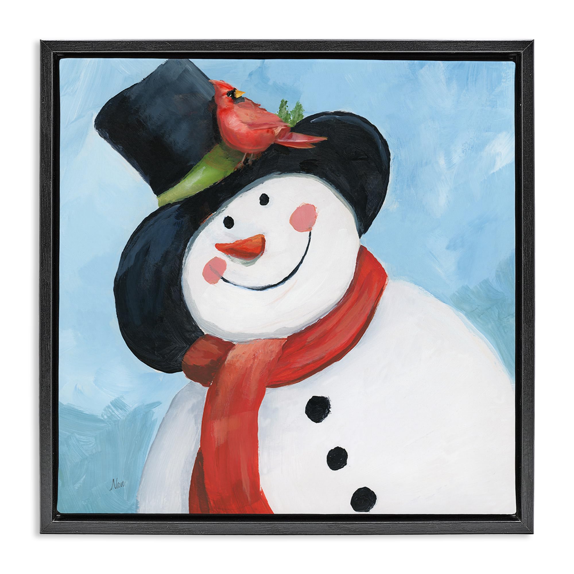 Stupell Industries 'Cheerful Snowman with Cardinal', Floating Frame Canvas Art, Black, 25 x 25 Inches, Easy to Hang and Sturdy, Made in USA, by Nan