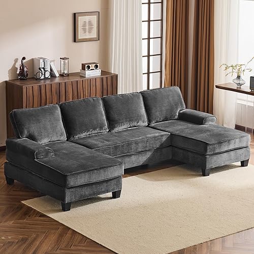 109" Sectional Couch, U-Shaped Corduroy Sofa with Double Chaise, 4 Seat Modern Upholstered Couches for Living Room Bedroom Apartment (Grey)