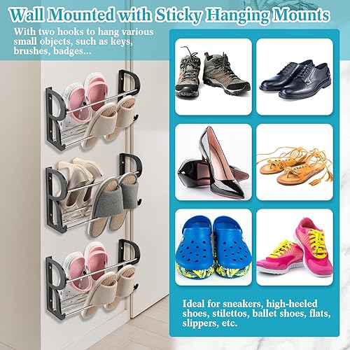 Miniatura 5 de Ziliny Zapatero montado en la pared de 6 piezas con soportes adhesivos para colgar en la pared, zapatero para almacenamiento de zapatos, organizador