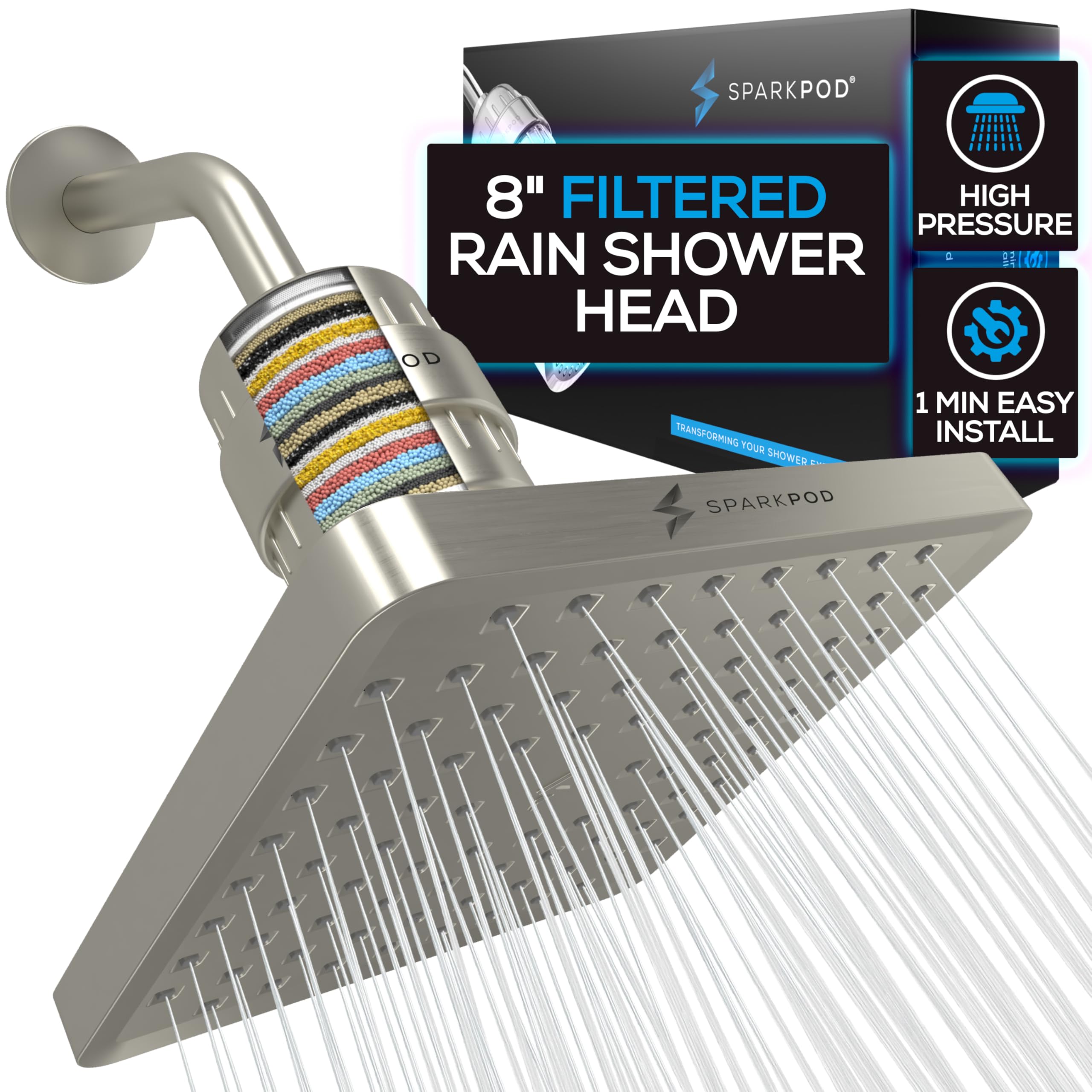 SparkPod Luxury Filtered Shower Head Set 23 Stage Shower Filter - Reduces Chlorine and Heavy Metals - High Pressure Showerhead Filter (8" Square, Elegant Brushed Nickel)