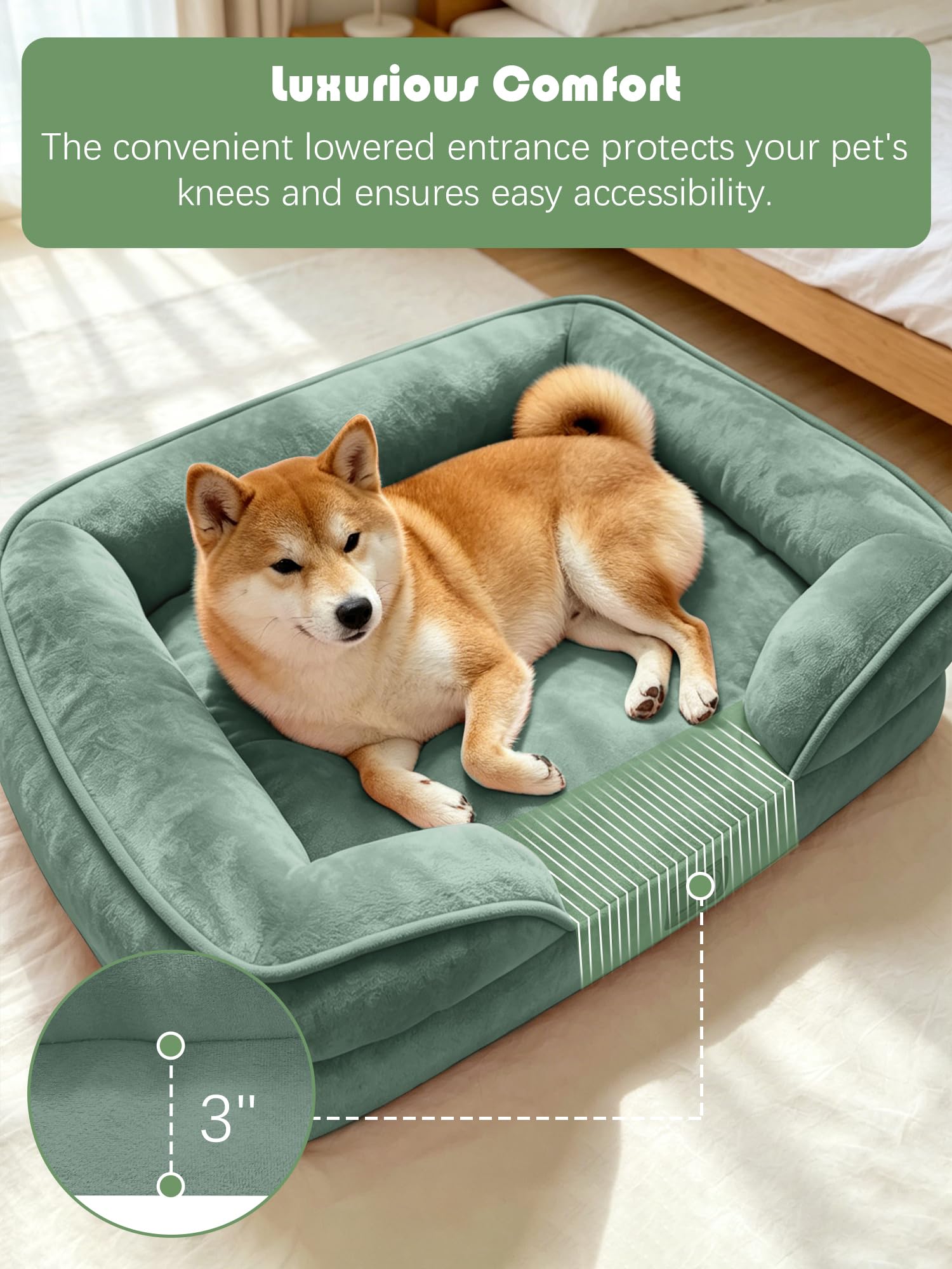 Spotted Play Orthopedic Dog Bed with Sides - Sofa Beds for Medium Dogs, Supportive Foam Pet Couch Bed with Washable Removable Cover, Waterproof Lining and Non-Slip Bottom, Green - M view 3