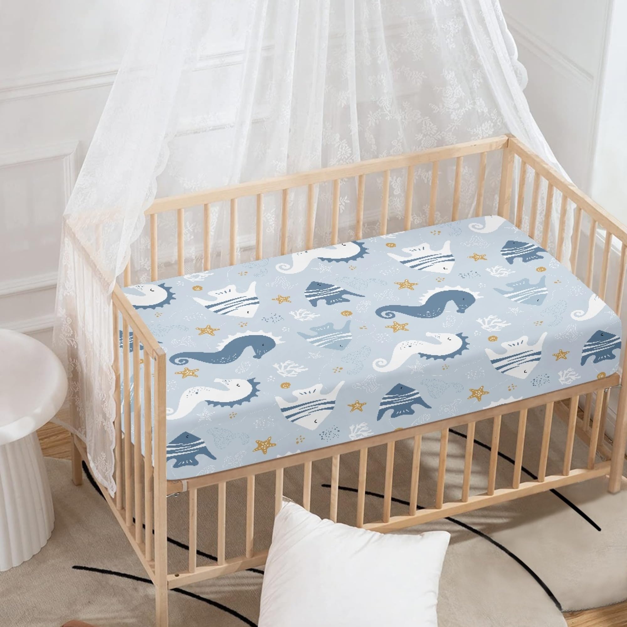 Streeyiu Sea Animal Baby Crib Sheets for Boys Girls Seahorse Fish Breathable Soft Mini Fitted Crib Sheet for Standard Toddler Mattress 52x28x8 in