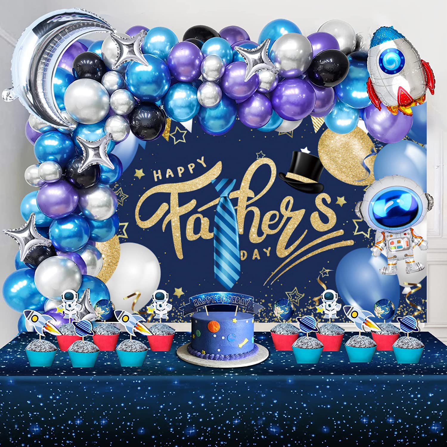 Fotohintergrund „Happy Father's Day“ – 6x3 M, Marineblau/gold, Aus Vinyl, Für Vatertags-Party