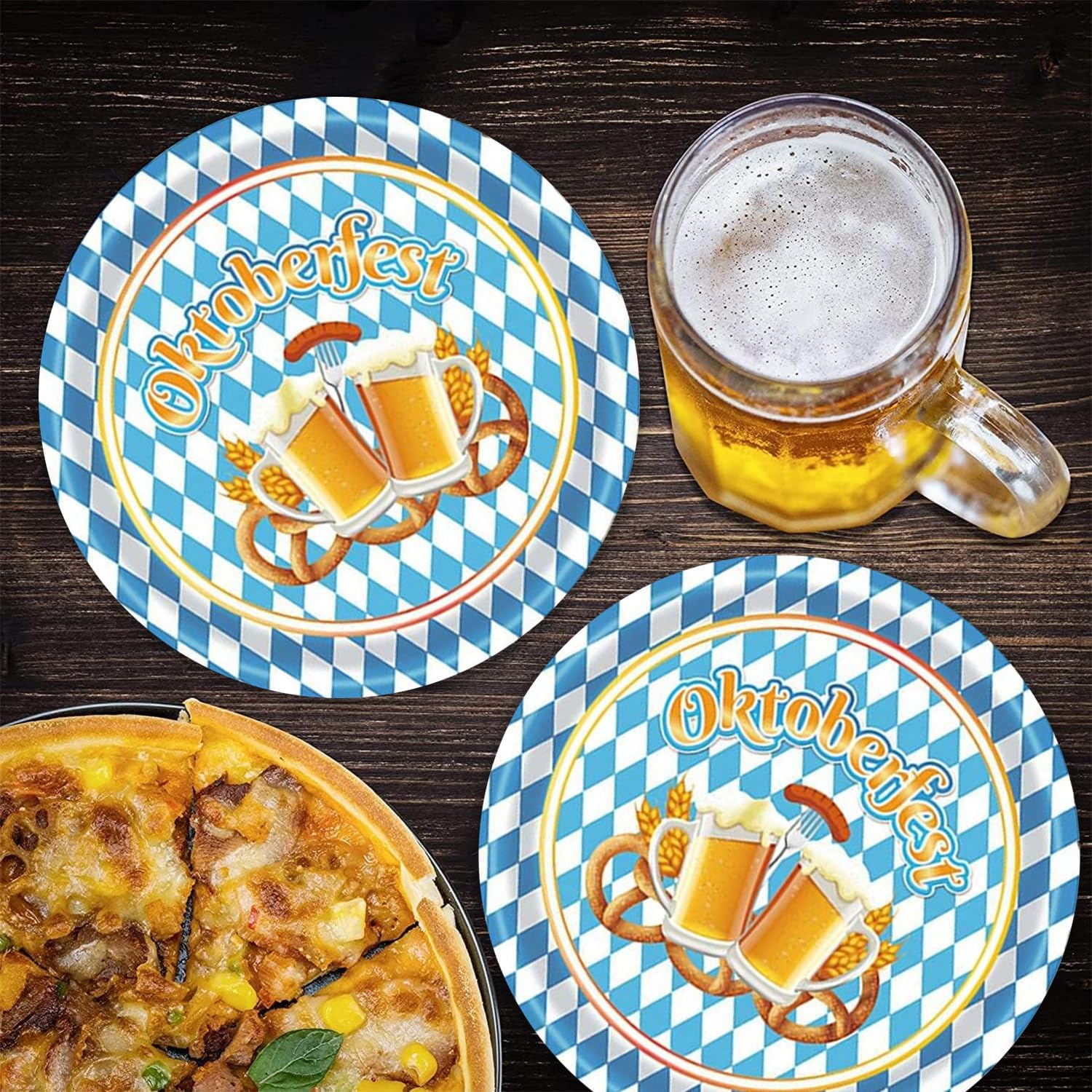 QckZee 20 Stück Oktoberfest Pappteller 7 Zoll - Blau-Weiß Rautenmuster Für Wiesn Party