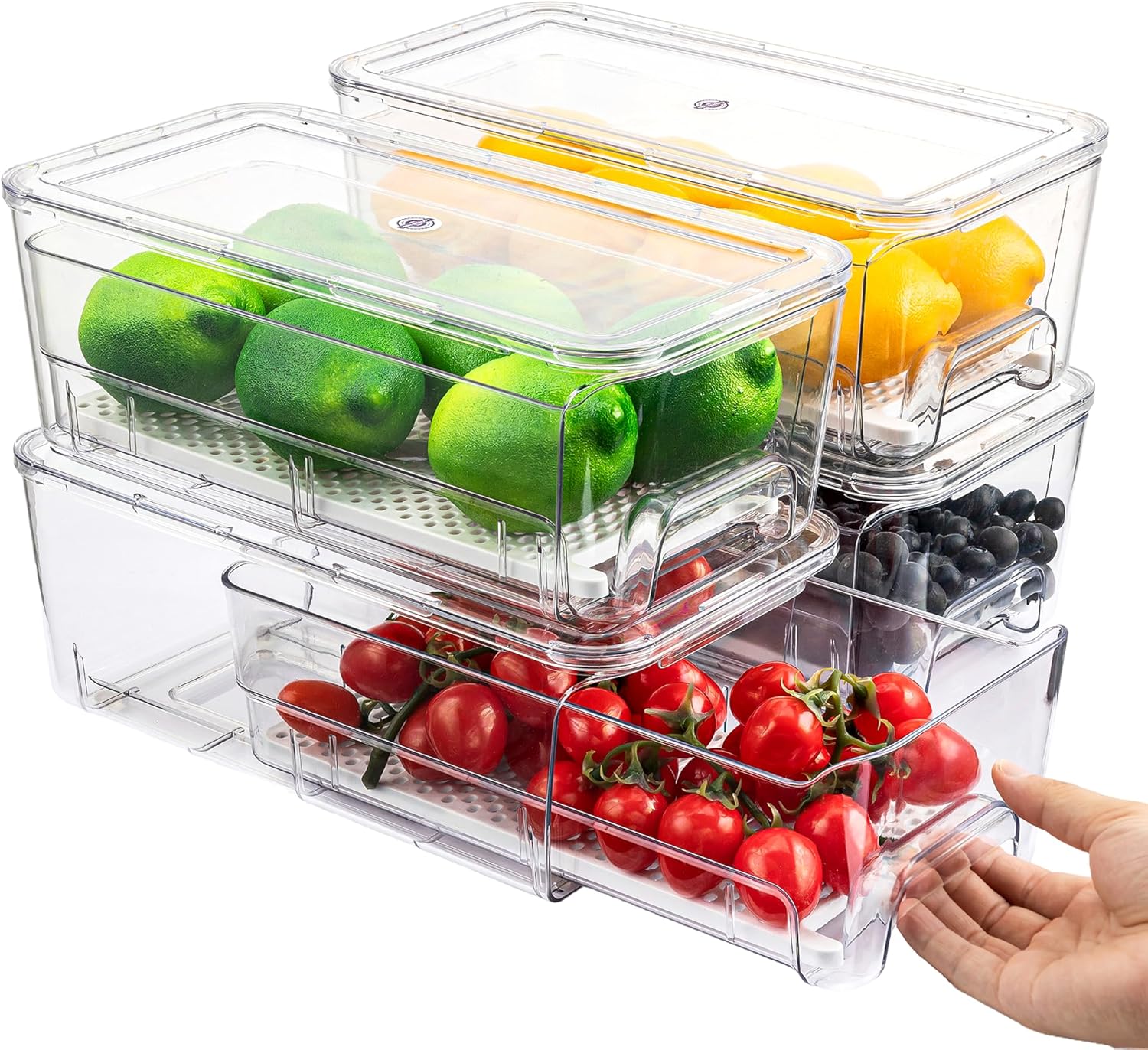 4 Pack Stackable Clear Refrigerator Storage Drawers with Lids