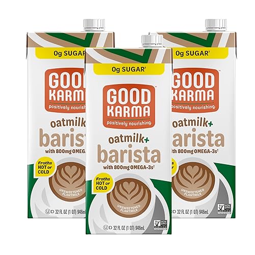 Good Karma Leche de avena sin azúcar + mezcla de barista, 32 onzas (paquete de 3), 800 mg de Omega -3s, alternativa a la crema de leche no láctea a