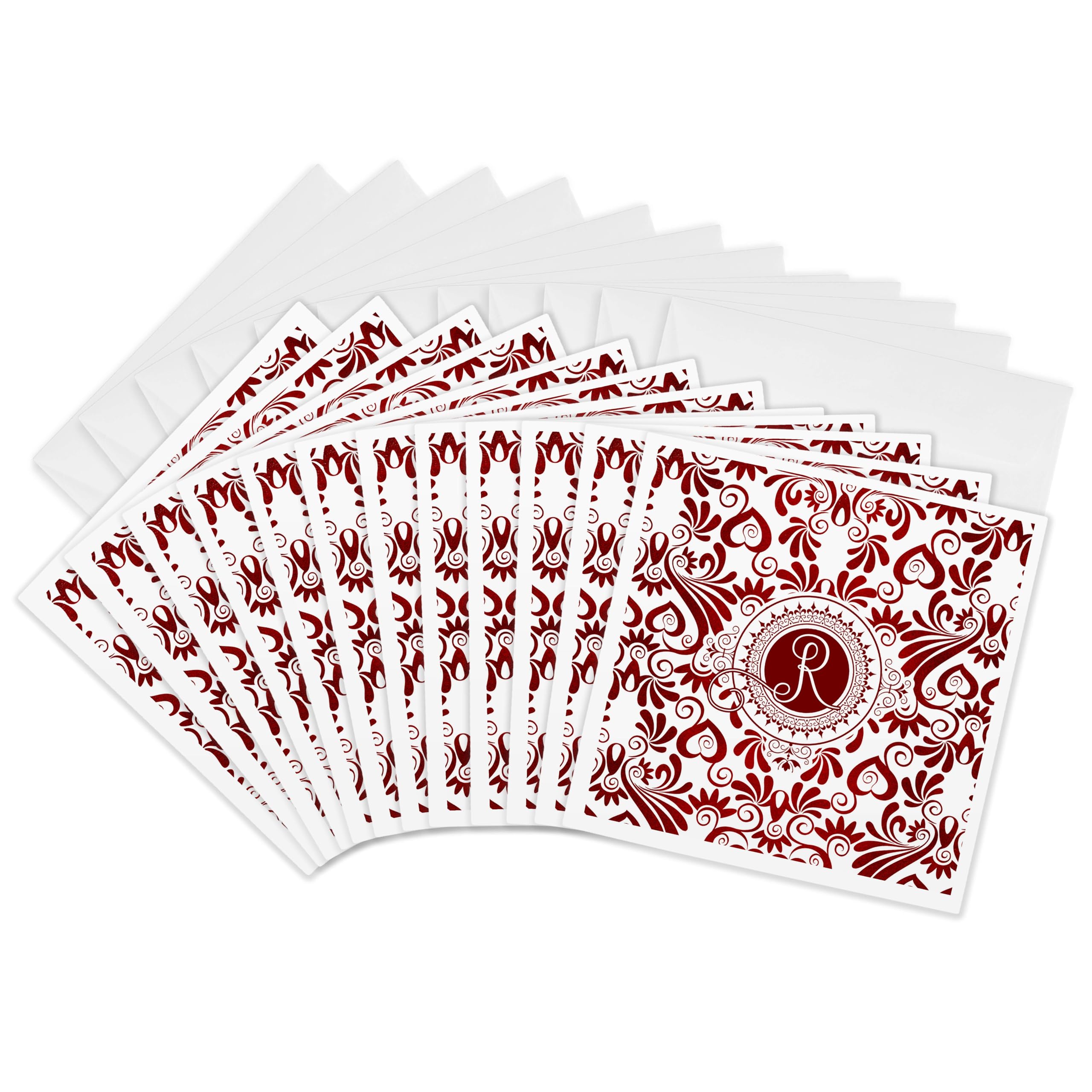 3dRose gc_245311_2 6 x 6-Inch "Monogrammed Red and White Elegance with Letter R" Greeting Card (Set of 12)