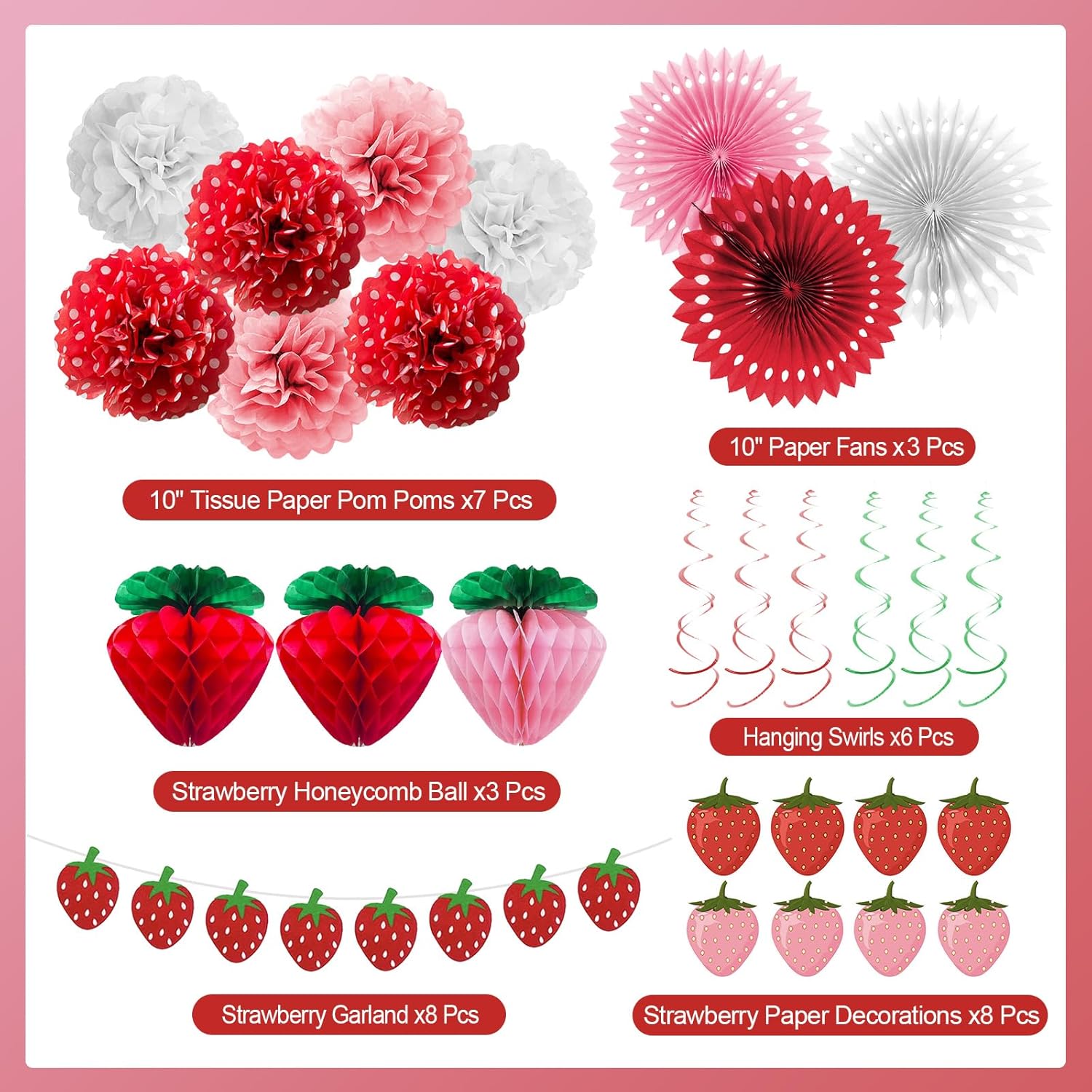 Lasocy Strawberry Party Decorations for Girls Tissue Pom Poms Red Pink Strawberry Birthday Decorations Fans Honeycomb Ball Hanging Swirls Banner Berry First Birthday Baby Shower Decor - Image 2