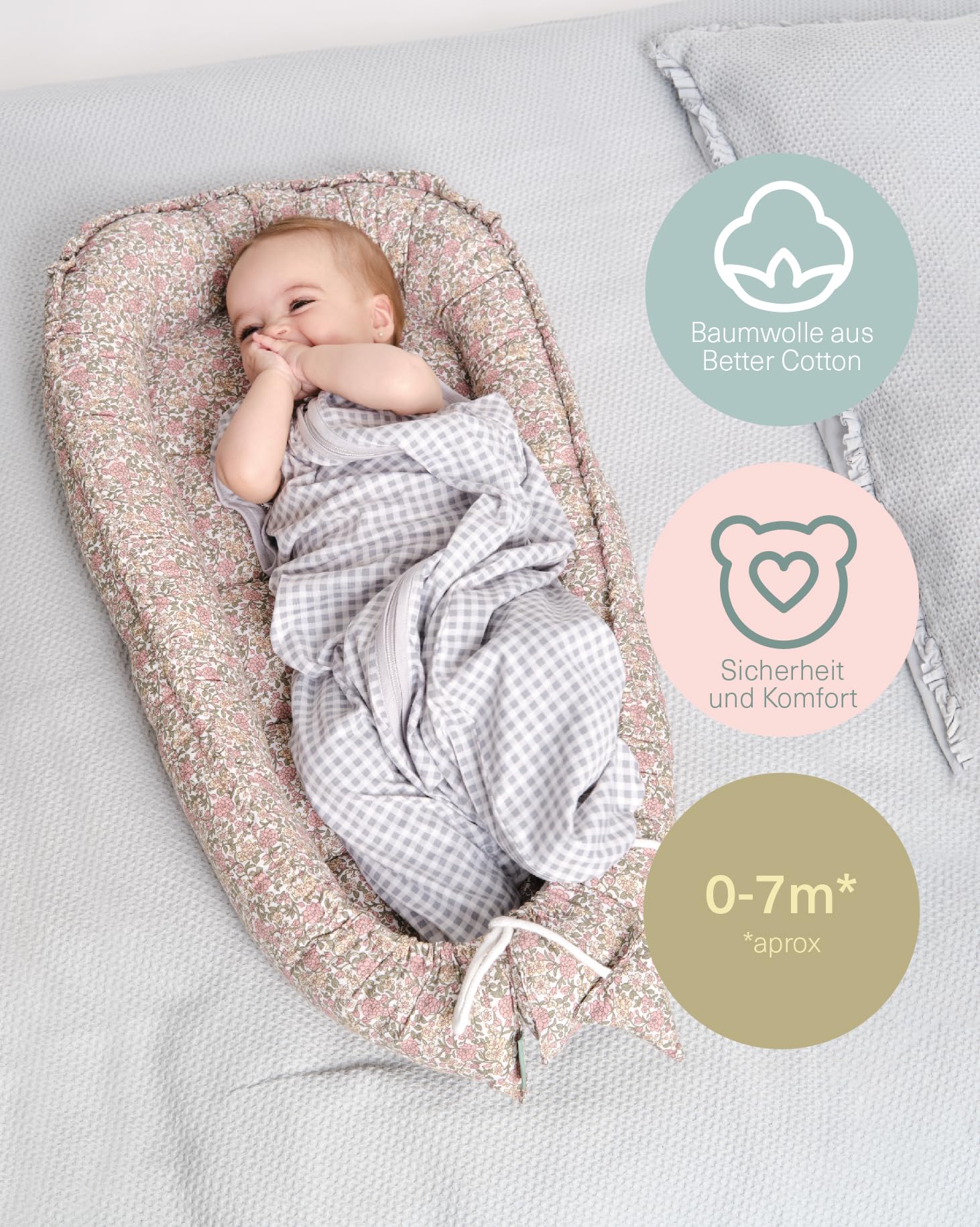 molis&co - Babynest - 100% Baumwolle (Oeko-TEX) - Babynestchen Neugeborene - Ideal als Reisebett, Kuschelnest Geeignet & Cradle Reducer - 90 x 50 cm - Peony
